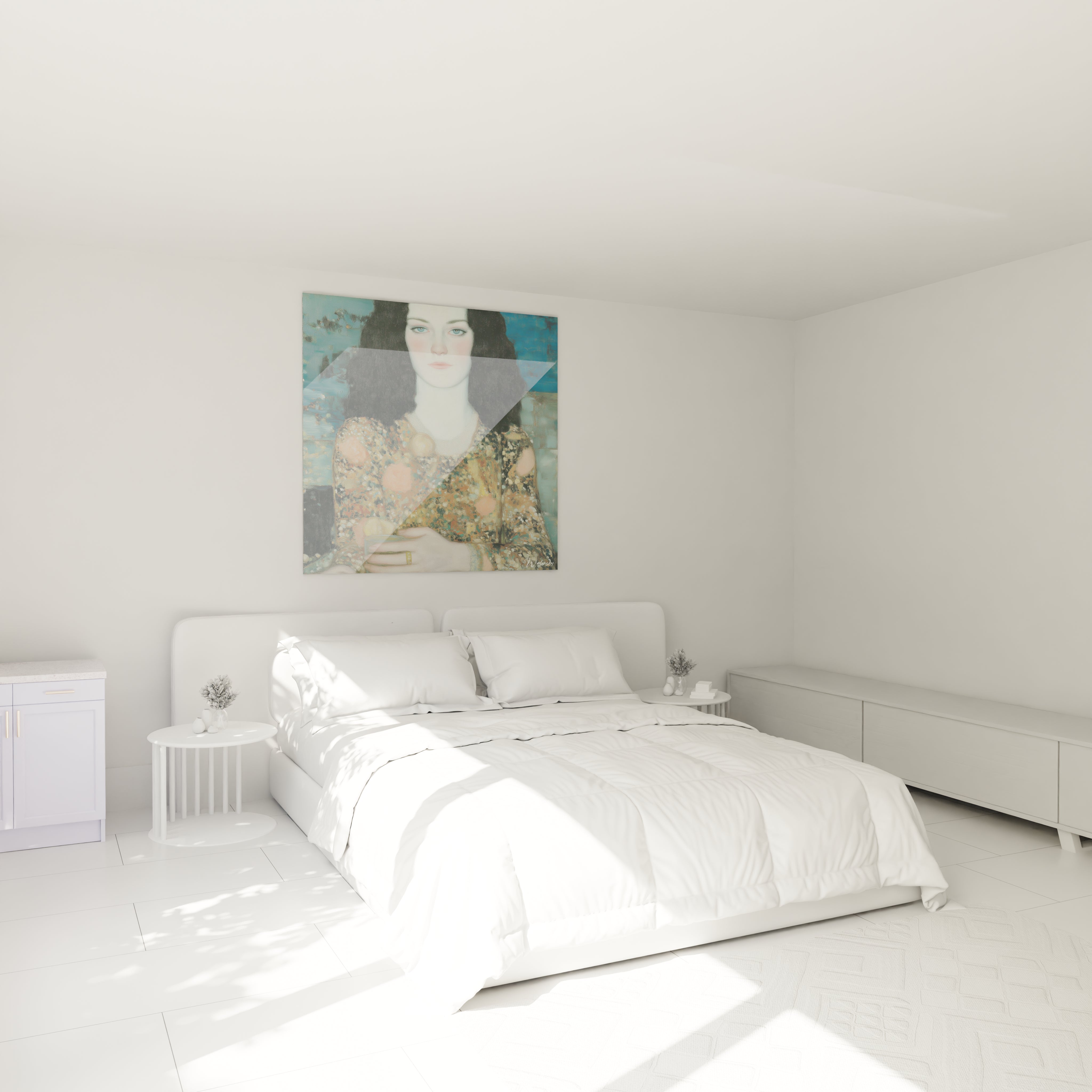 Walensky tableau femme symboliste carré accroché au dessus du lit blanc dans chambre minimaliste
