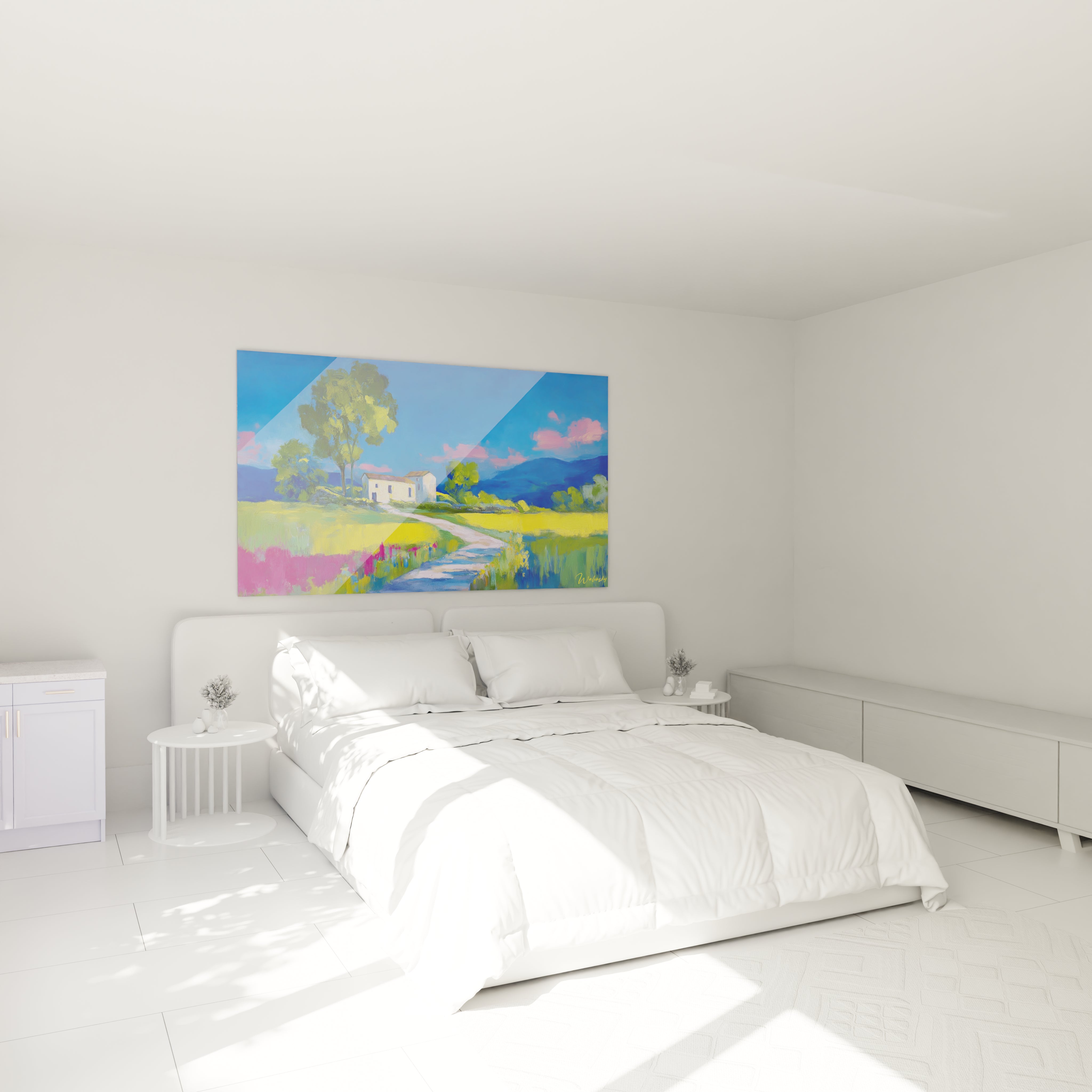 Walensky tableau mural colore au dessus d un lit minimaliste montrant tableau impressionnisme paysage campagne apaisant