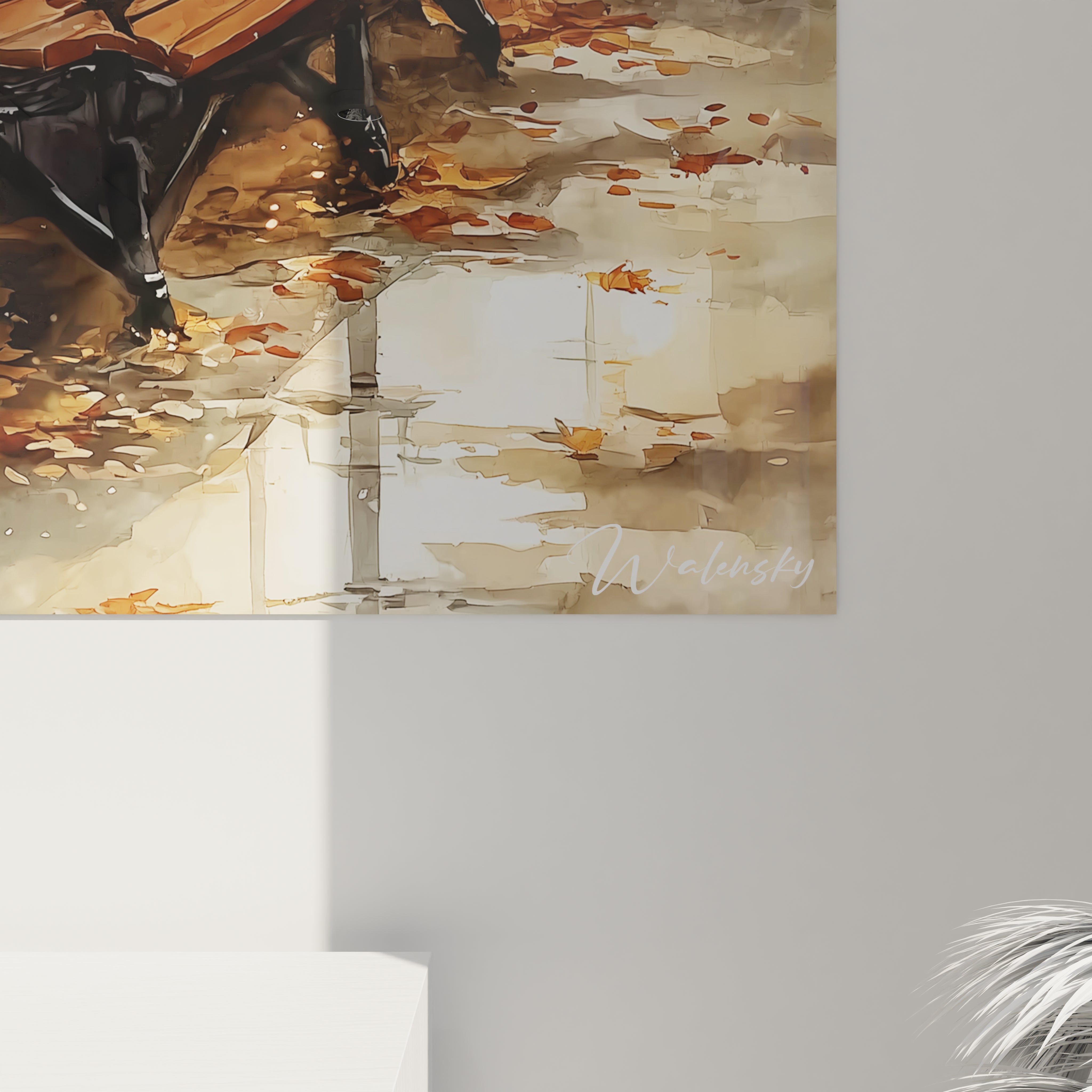 tableau mural automne haut de gamme Walensky montrant un banc en bois et feuilles mortes reflétées dans une flaque d eau