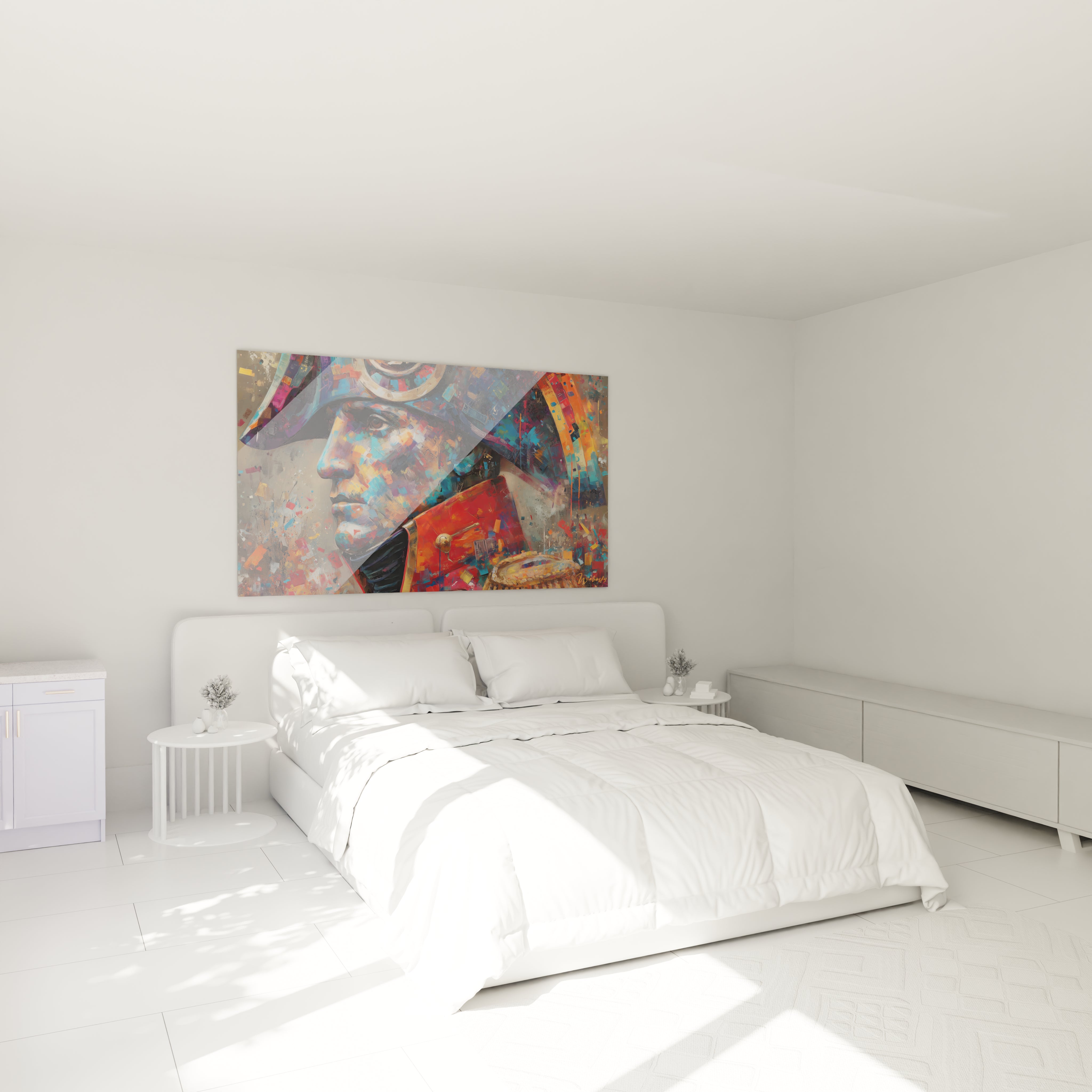 tableau mural Napoléon art moderne Walensky dans chambre blanche minimaliste au dessus du lit portrait coloré