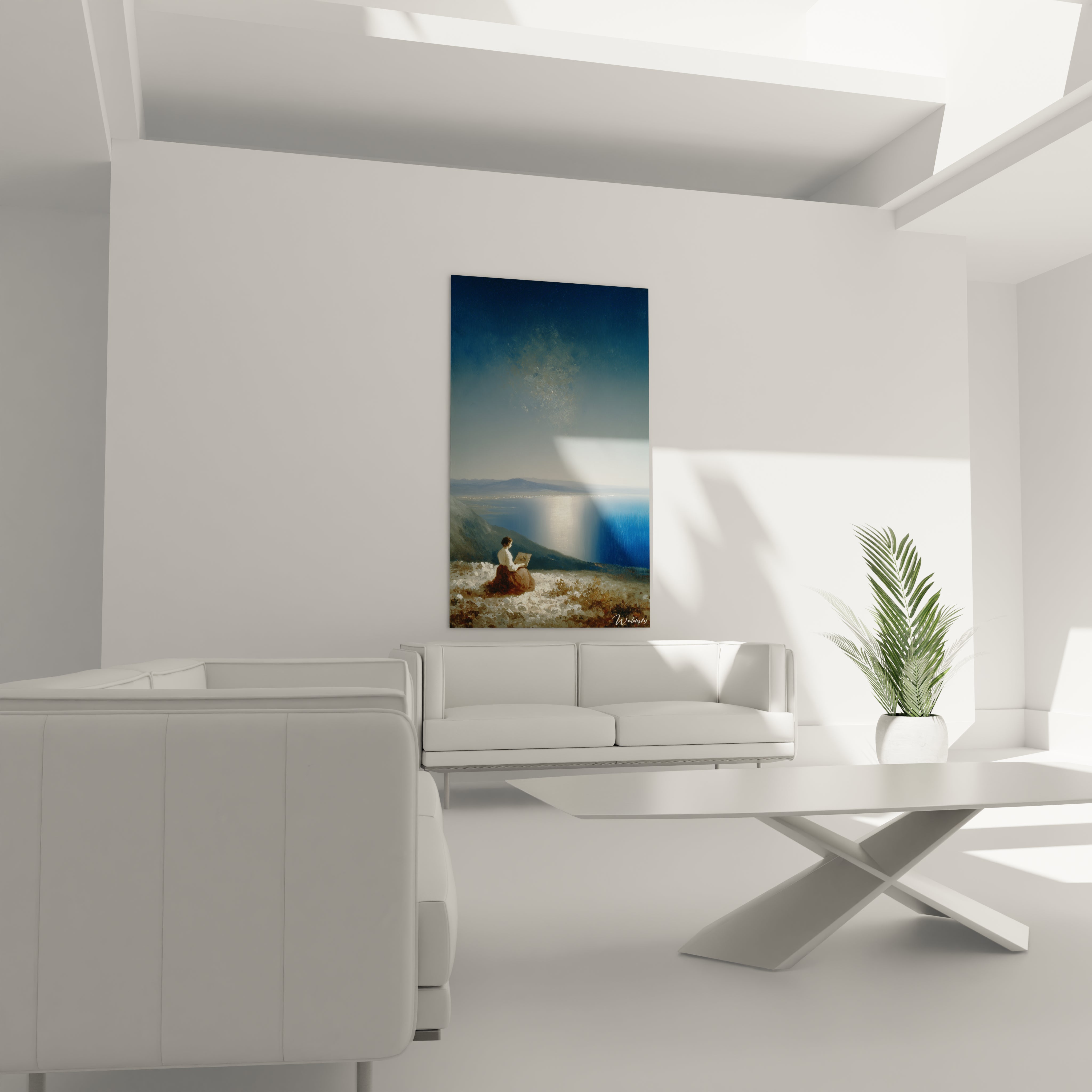 tableau mural romantique haut de gamme Walensky dans salon blanc minimaliste montrant couple au bord de la mer