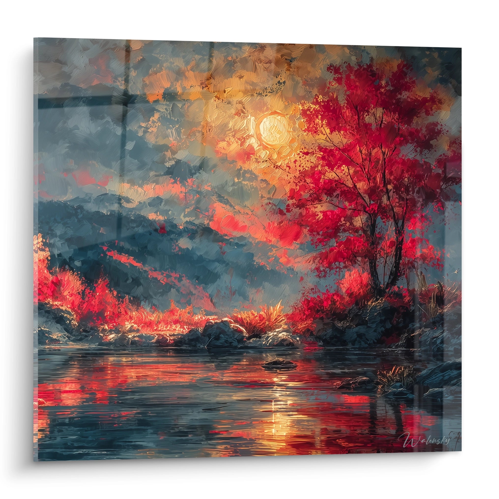 Walensky tableau mural tableau paysage automnal gothique avec arbres rouges rivière réfléchissante et lune dorée