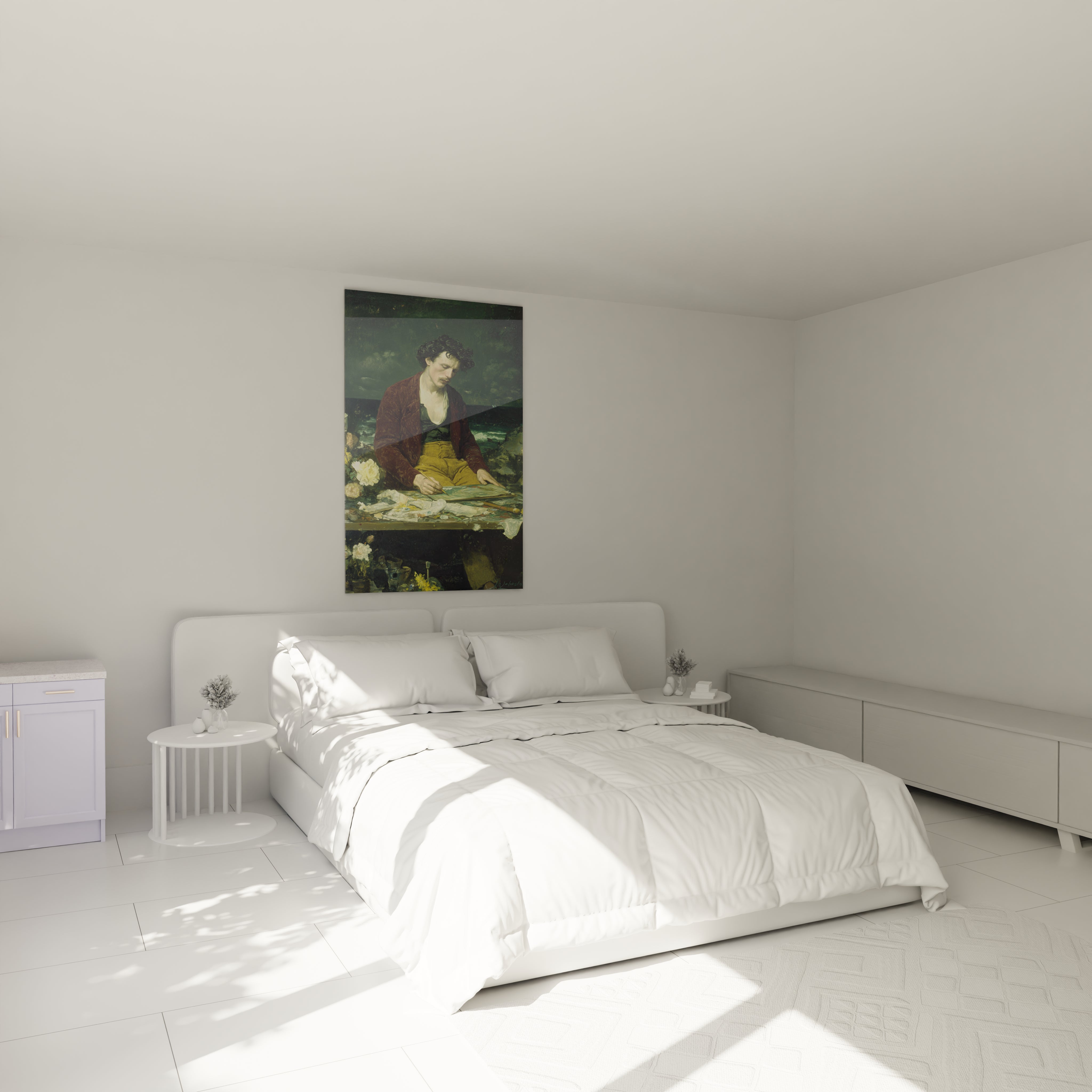 tableau peintre réalisme Walensky portrait coloré encadré au dessus d un lit blanc dans chambre minimaliste