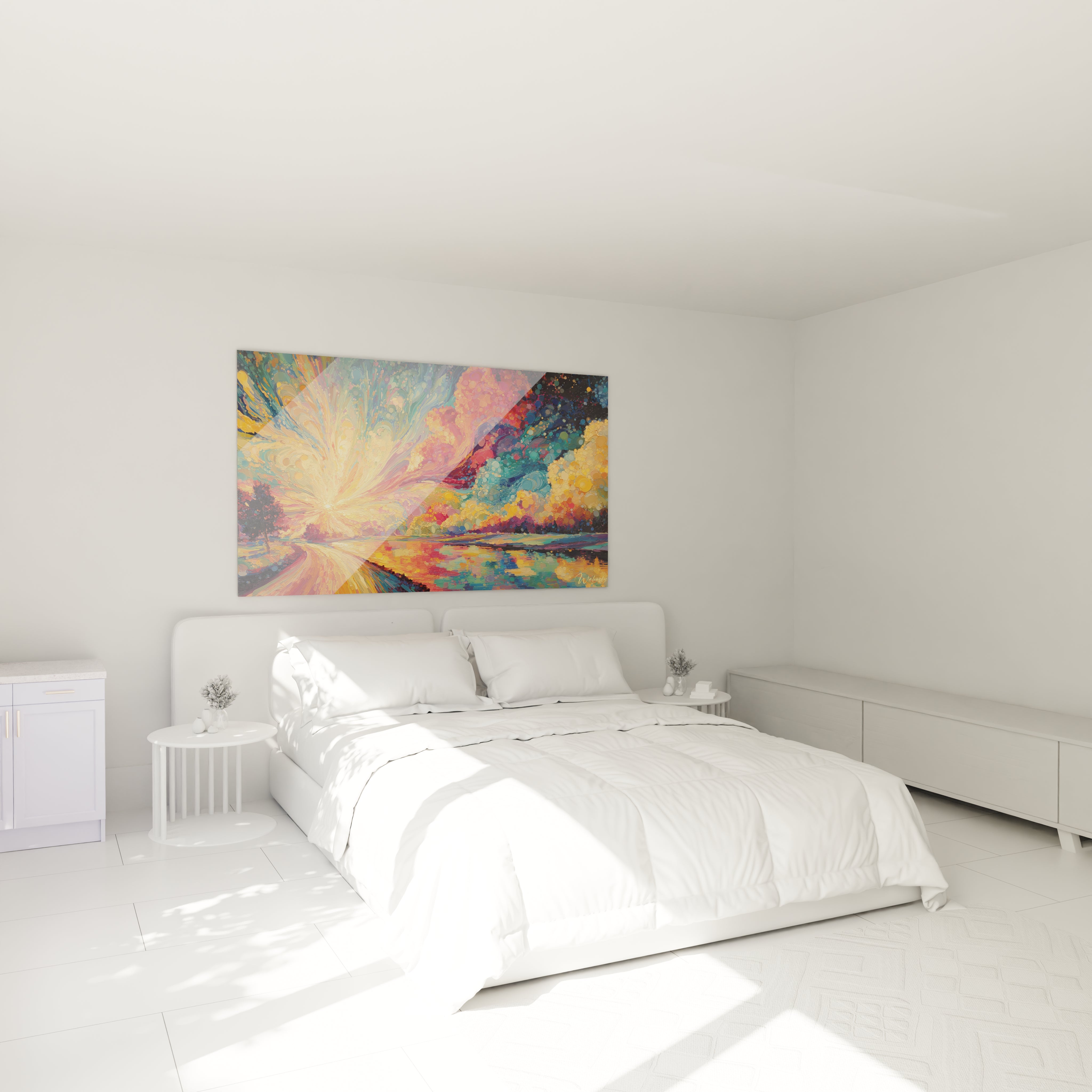 tableau pointillisme coucher de soleil Walensky paysage coloré mural au dessus du lit chambre moderne et lumineuse