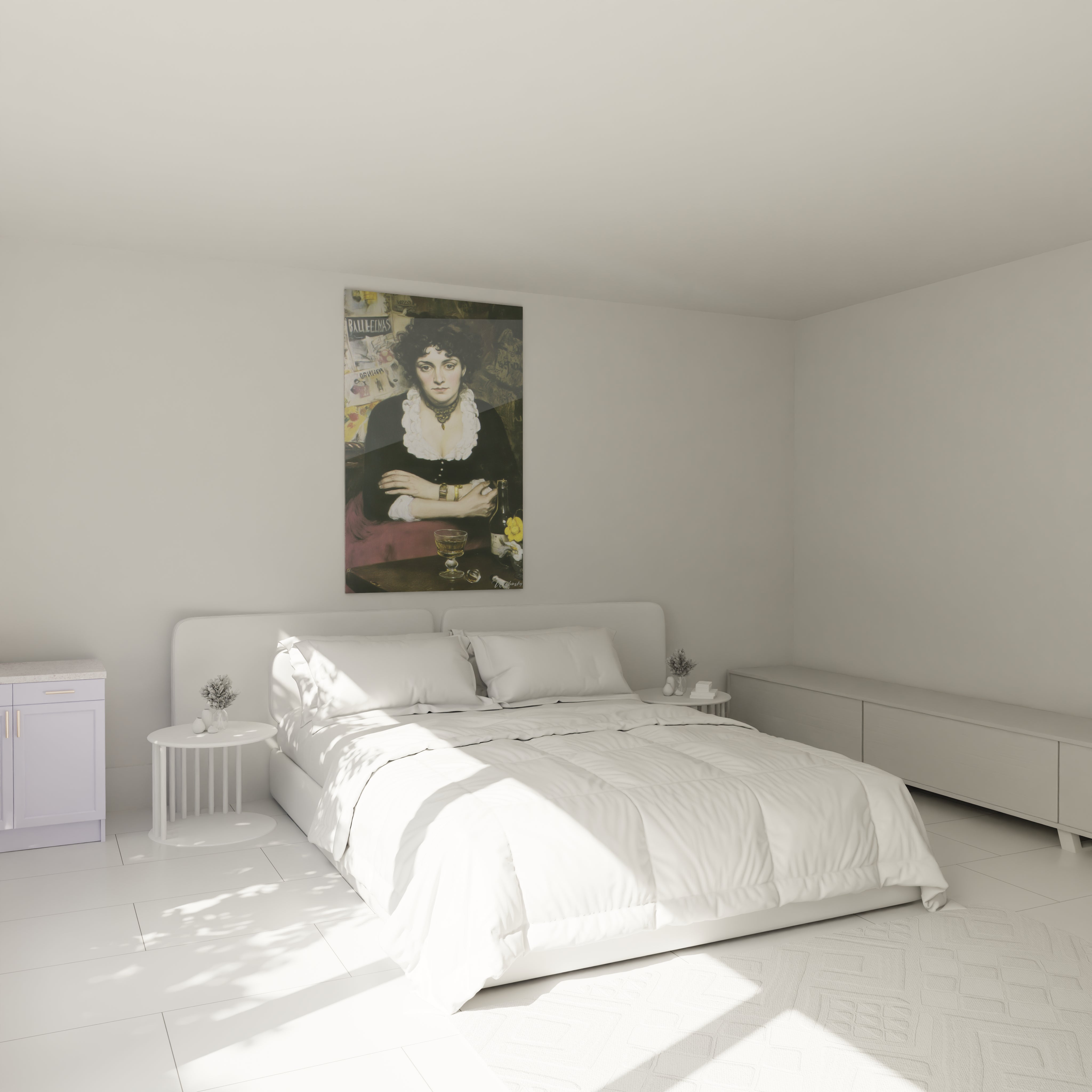 tableau portrait dentelle blanche Walensky affiche floral art nouveau rose accroche murale au dessus lit minimaliste