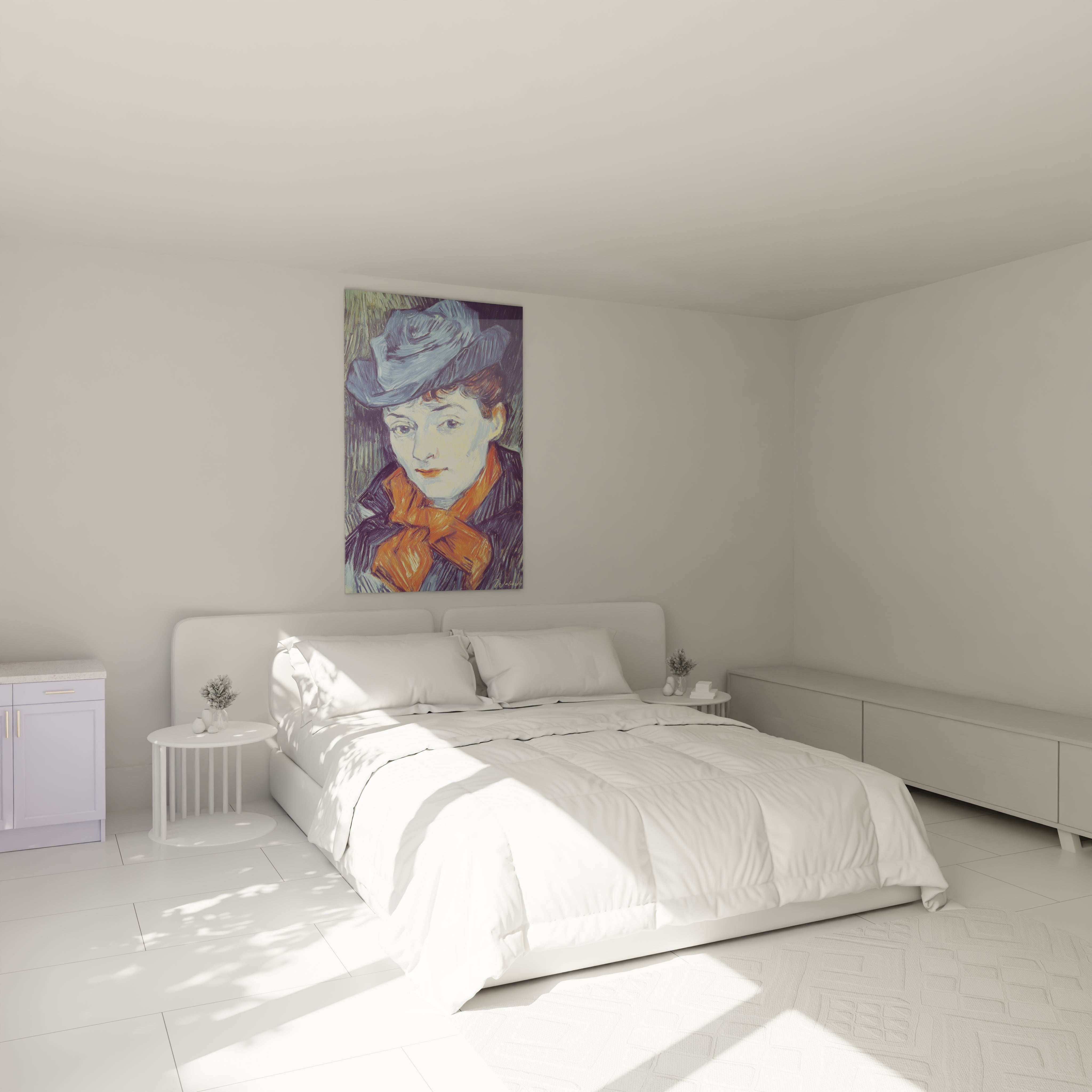 Walensky tableau mural affiché au-dessus d'un lit blanc minimaliste, tableau portrait post impressionnisme
