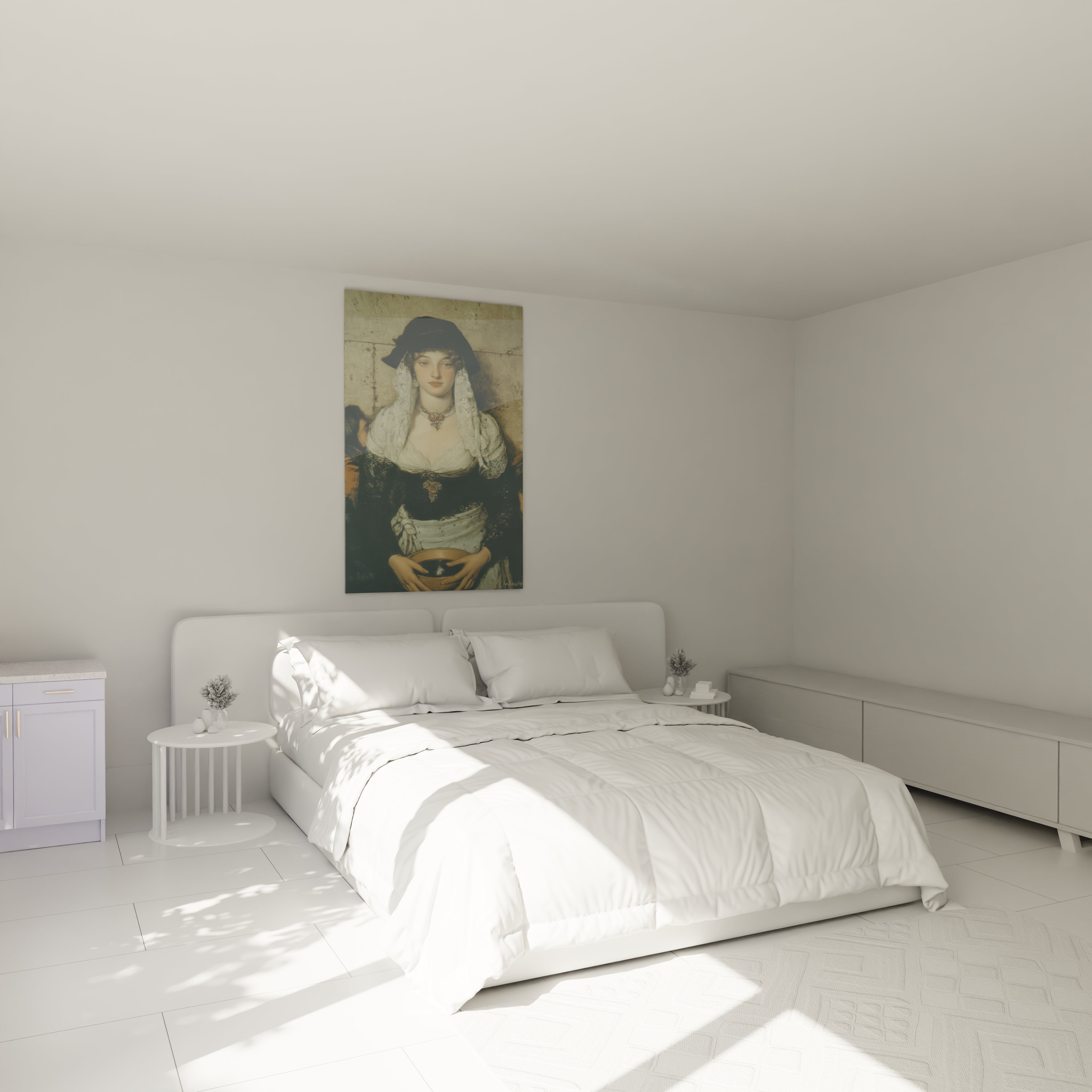 tableau réalisme femme Walensky tableau mural portrait style sculpture classique au-dessus d'un lit blanc minimaliste
