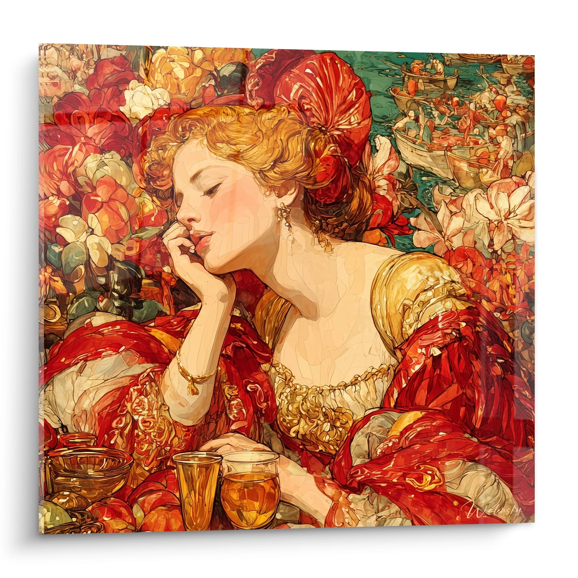 Tableau mural Walensky femme en robe rouge dans décor floral et coupes dorées tableau renaissance italienne