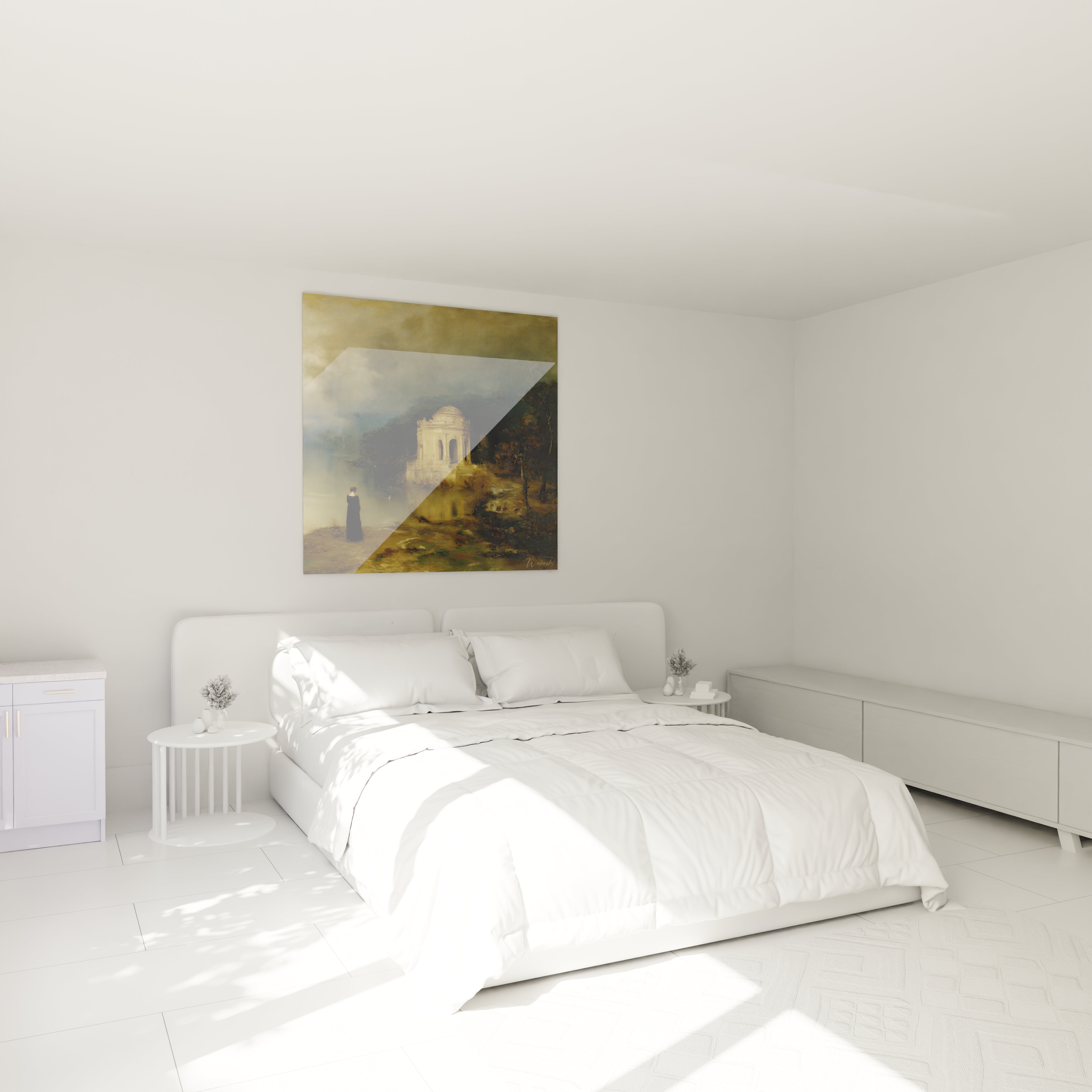 tableau romantisme temple Walensky accroche au dessus d un lit double blanc dans une chambre minimaliste et lumineuse