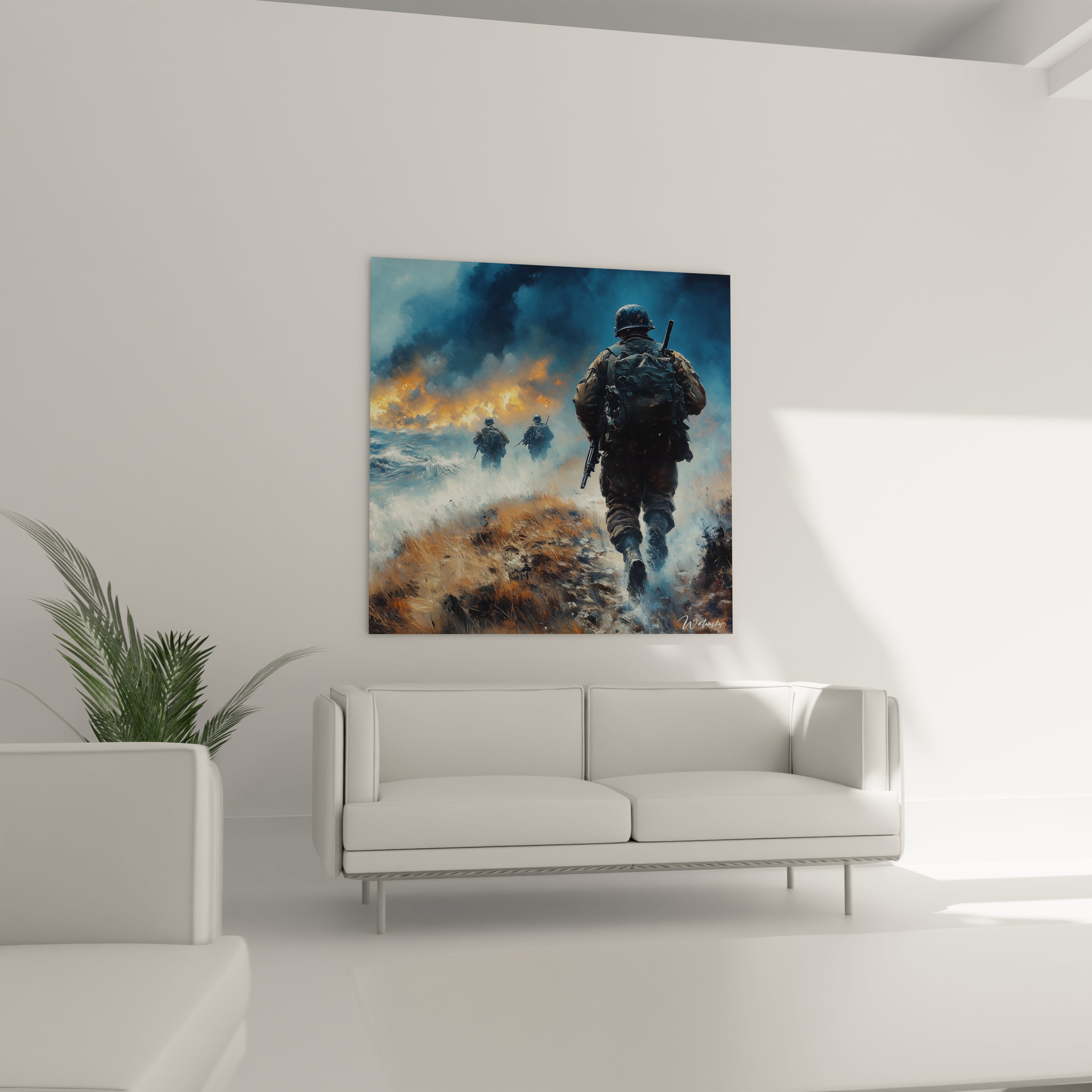 Walensky tableau soldat deuxième guerre mondiale montrant un soldat marchant vers la fumée et des flammes au loin