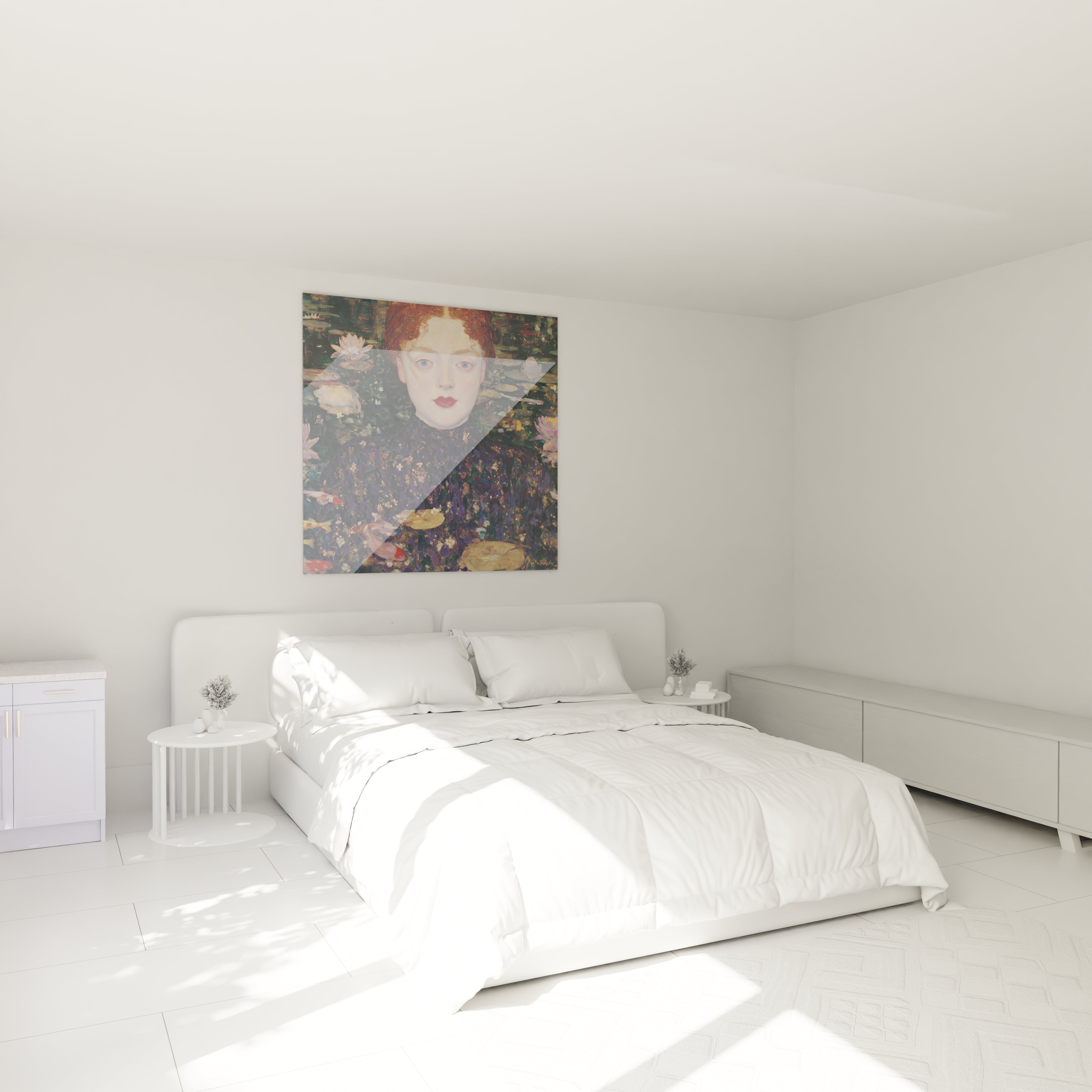 tableau symboliste nénuphars Walensky accroché au dessus d un lit blanc dans une chambre minimaliste et lumineuse