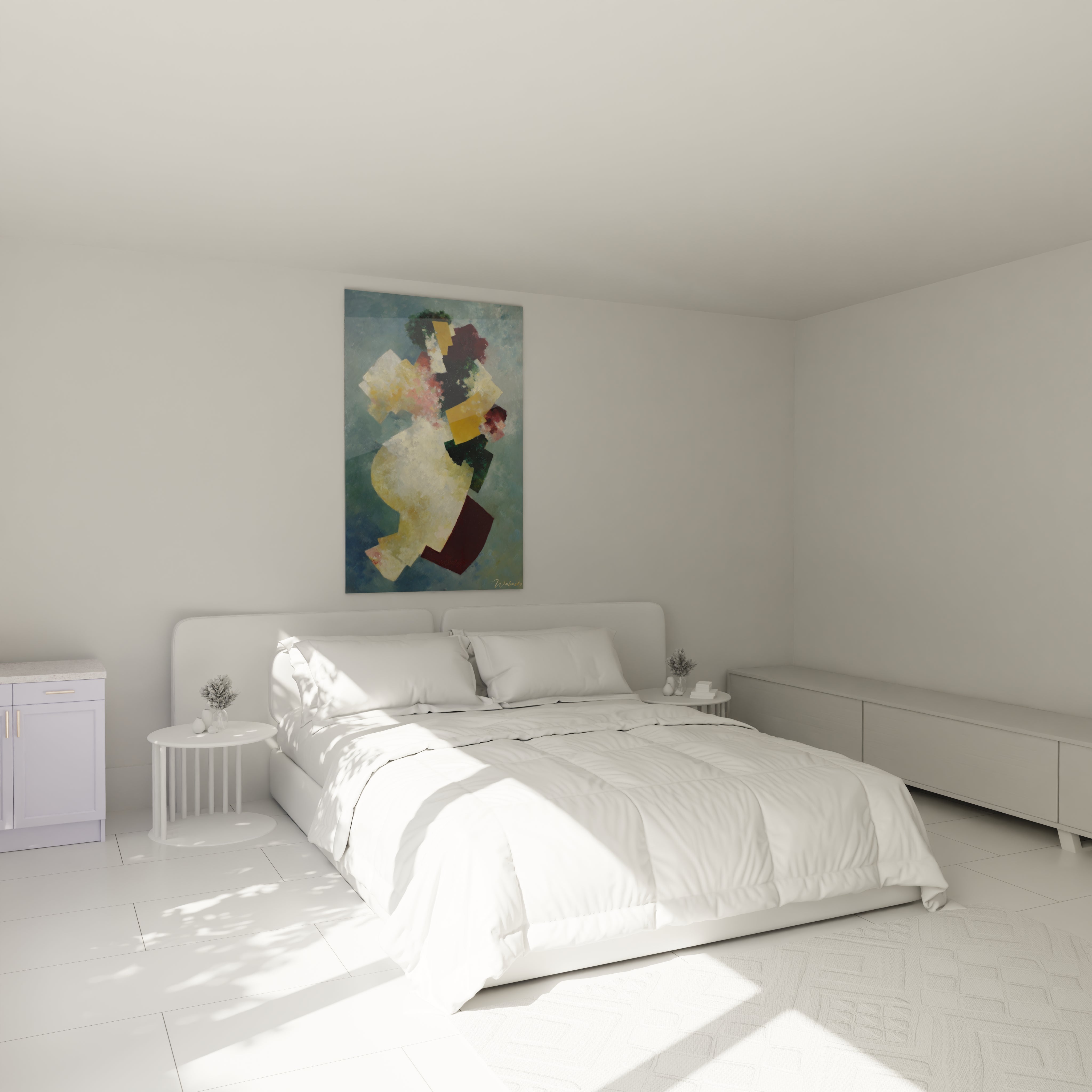 tableau dadaïsme moderne Walensky accroché au dessus d un lit blanc minimaliste dans une chambre lumineuse et épurée