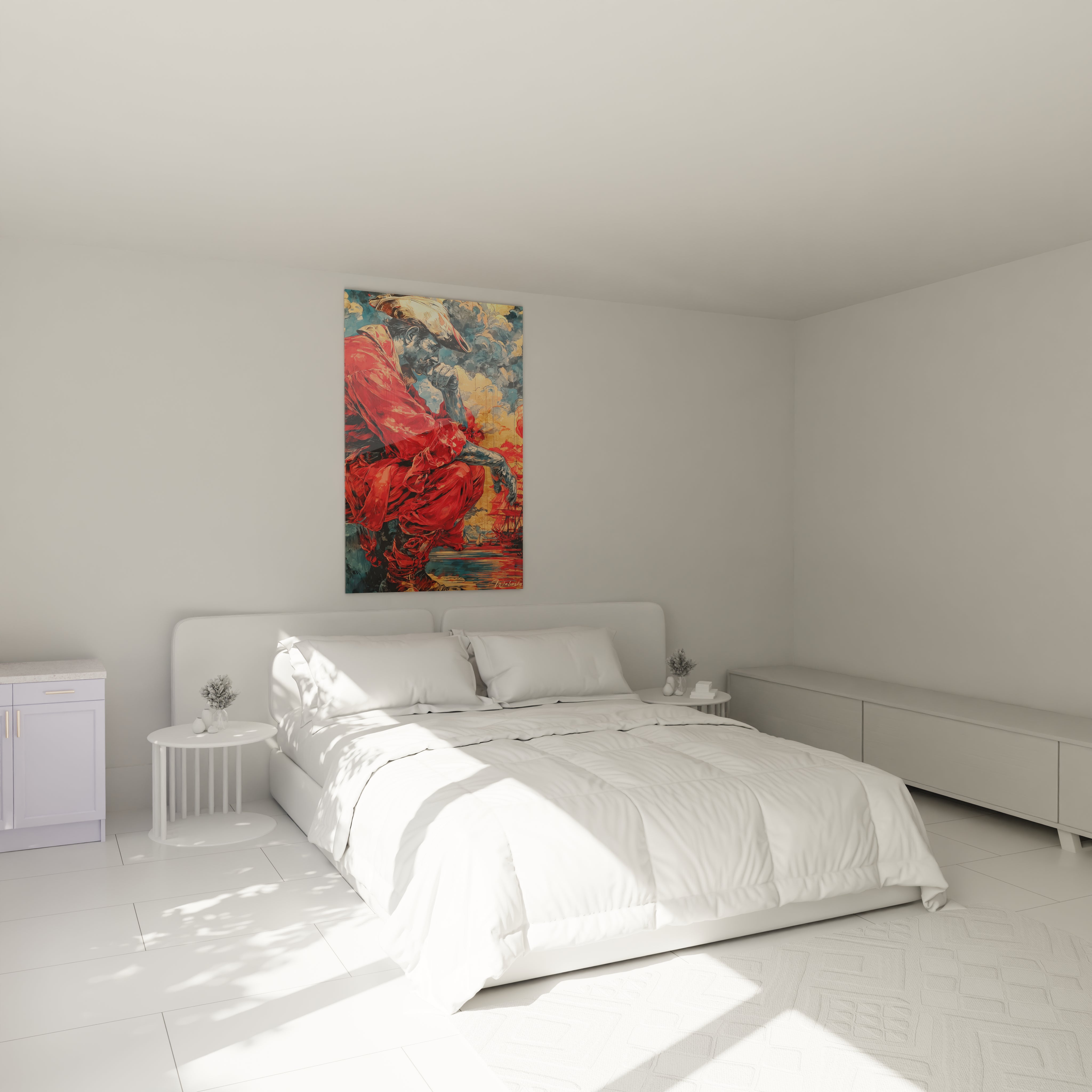 tableau Christophe Colomb Walensky accroché au dessus d un lit blanc dans une chambre minimaliste et lumineuse