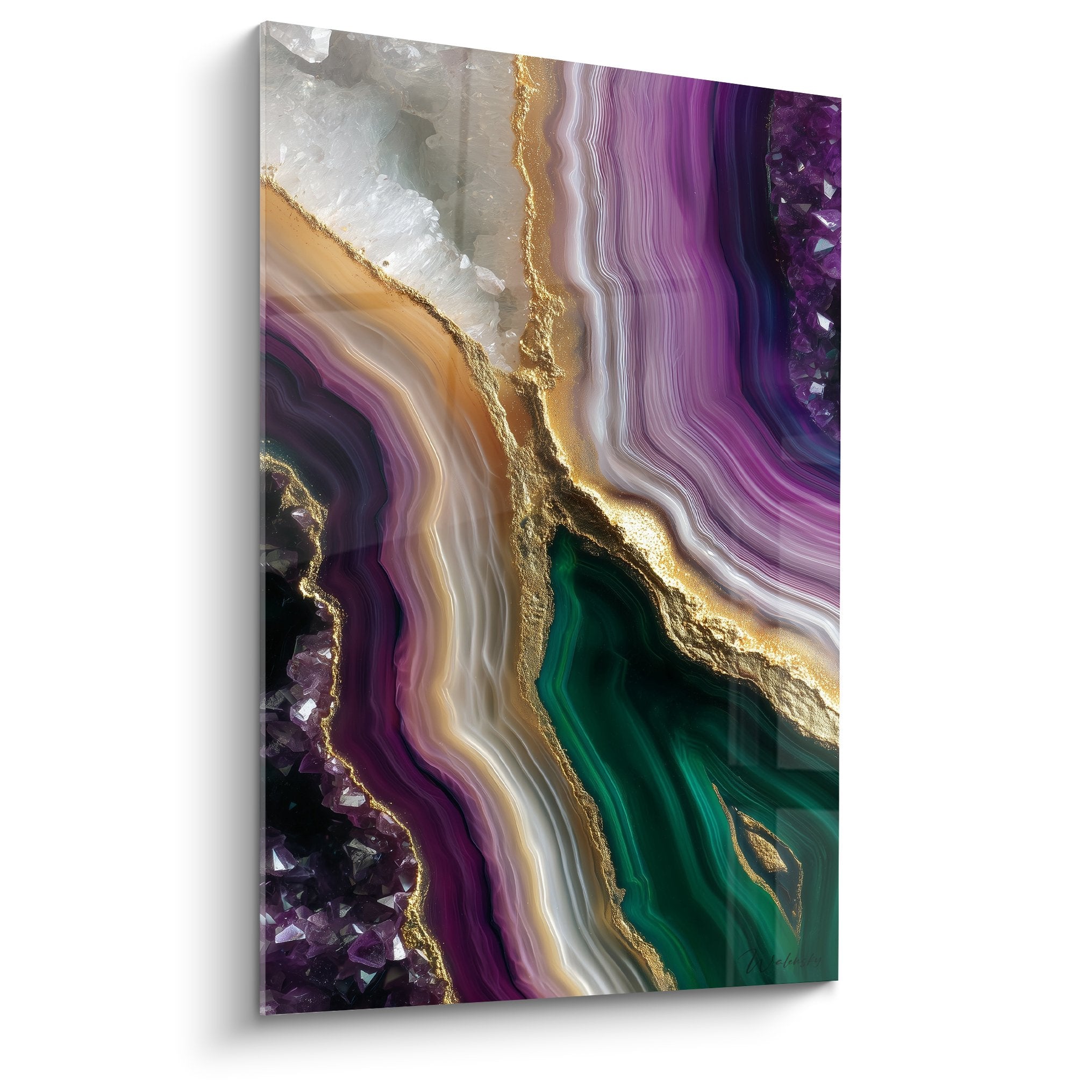 Purple amethyst geode wall art with green malachite and gold veins, natural crystals feng shui decorative artwork