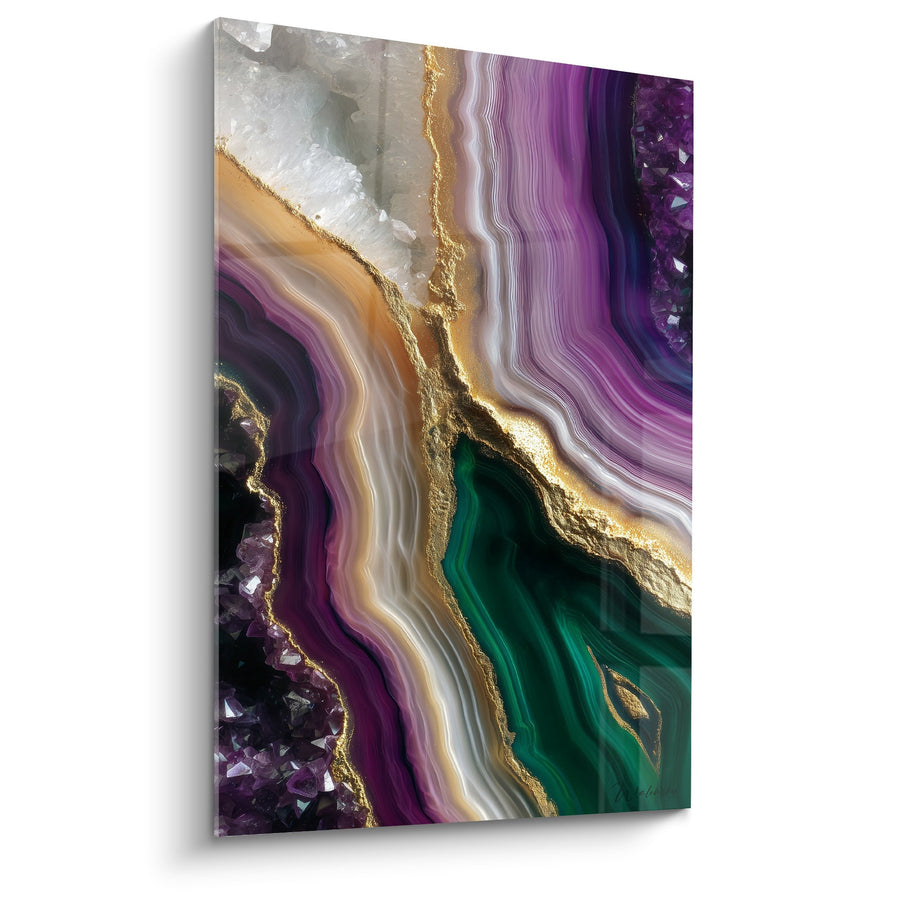 Tableau Géode Améthyste et Malachite aux Veines Dorées - Harmonie Cristalline - Edition Feng shui Sud-Est Bois