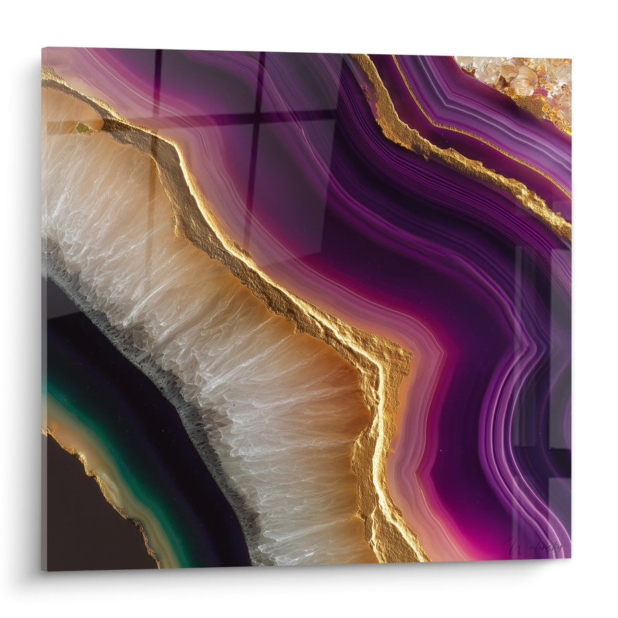 Tableau Géode Violette aux Veines Dorées - Cristal Mystique - Edition Feng shui Sud-Est Bois