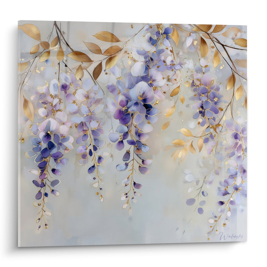 Tableau fleurs violettes et feuillages dorés cascades - Glycines Éthérées - Edition Feng shui Sud-Est Bois