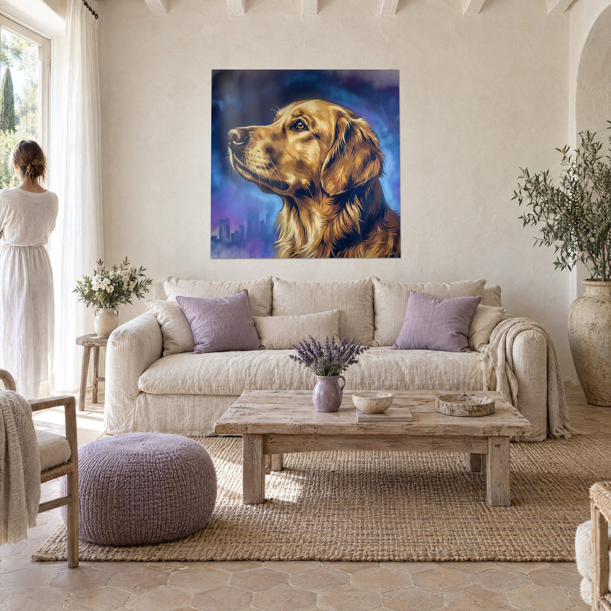 Cuadro golden retriever de perfil, pelaje dorado sobre fondo azul noche y violeta, skyline urbano, encima de un sofá en un salón luminoso