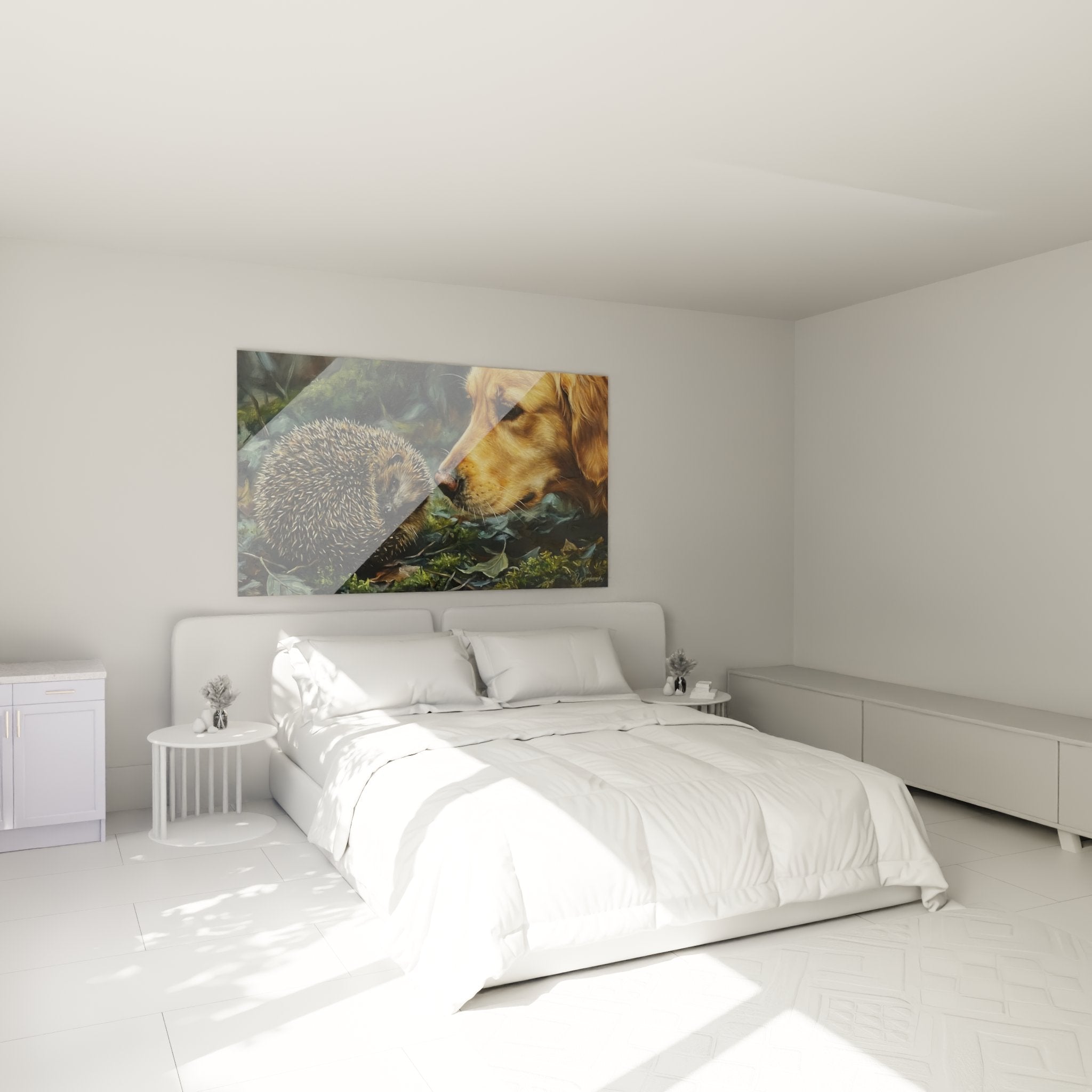 Golden Retriever and hedgehog wall art in cosy bedroom with natural tones and light wood furniture