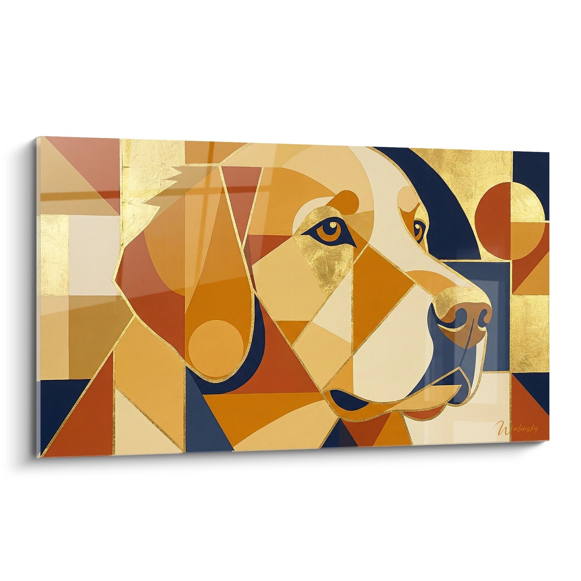 Cubist Golden Retriever portrait golden tones navy blue geometric modern contemporary art style