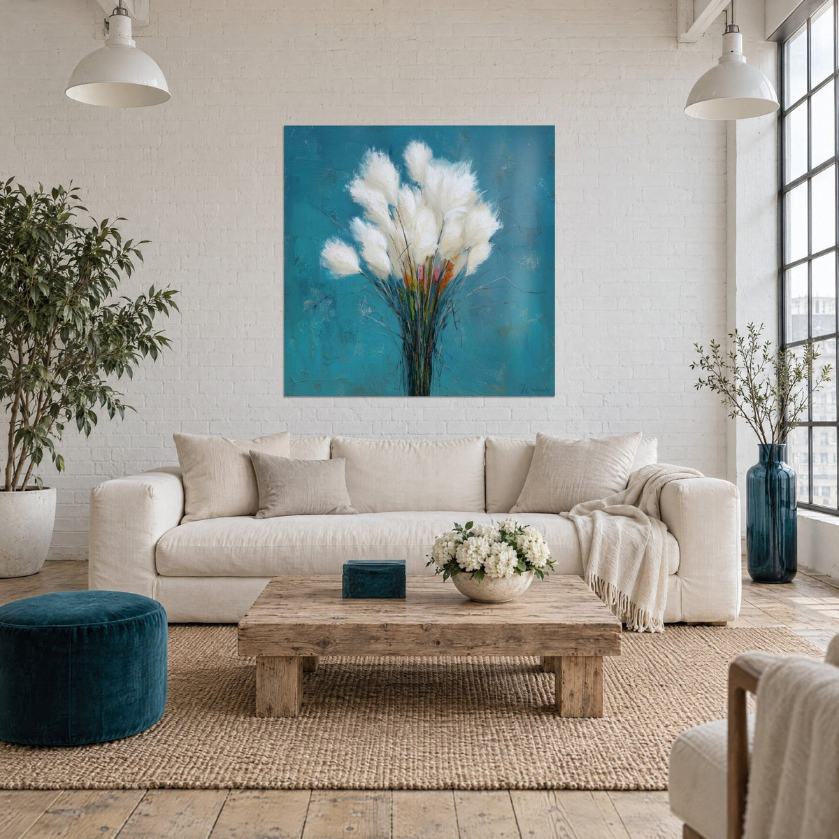 Wall art White feathery grass bouquet on a turquoise background, green stems and orange accents, hung above a sofa in a bright living room