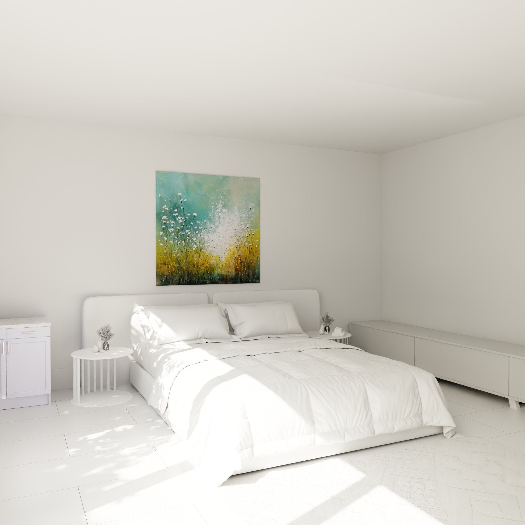 Tableau herbes sauvages chambre décoration murale turquoise blanc ambiance zen nature relaxante