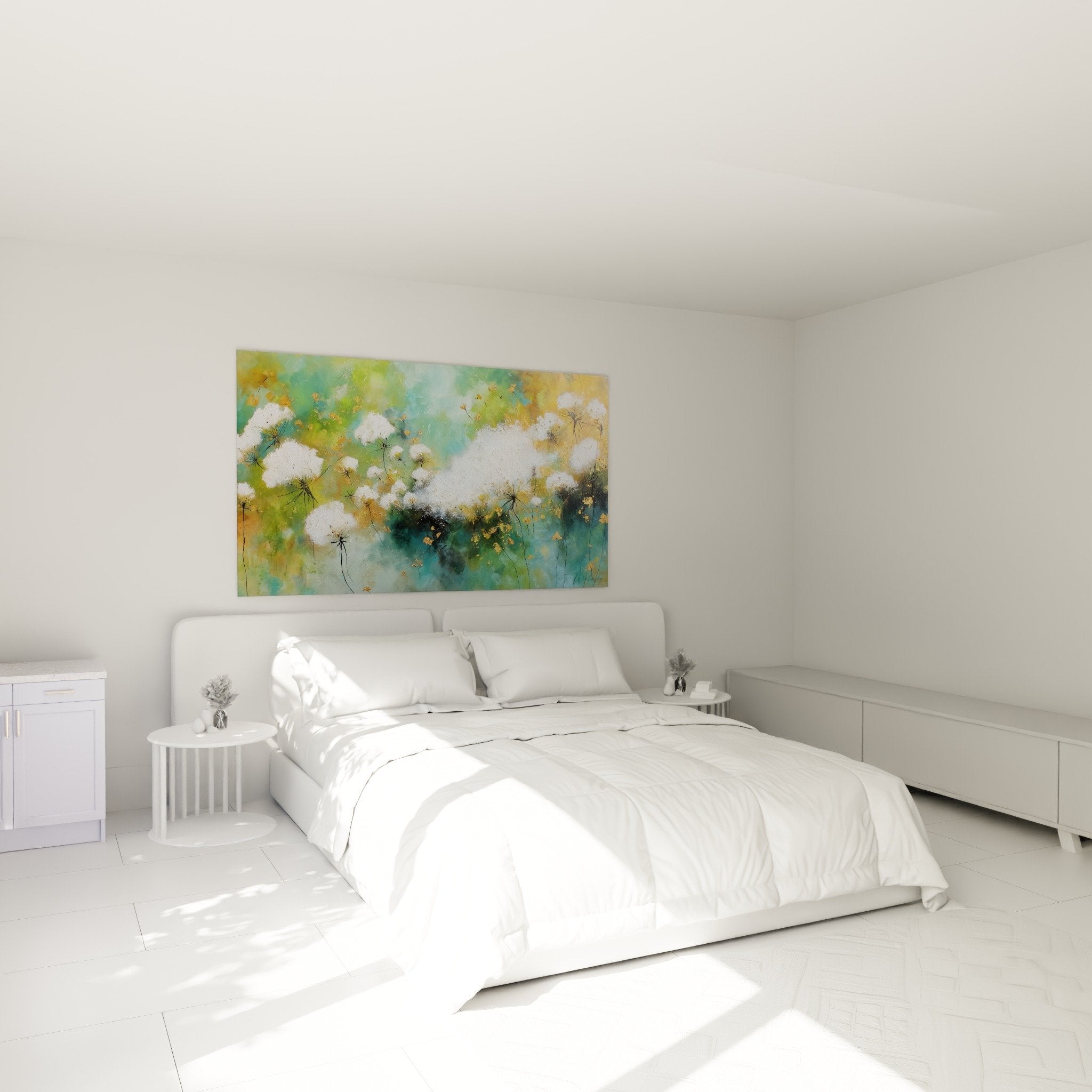White pampas grass wall art in modern bedroom - Soothing turquoise mural decoration