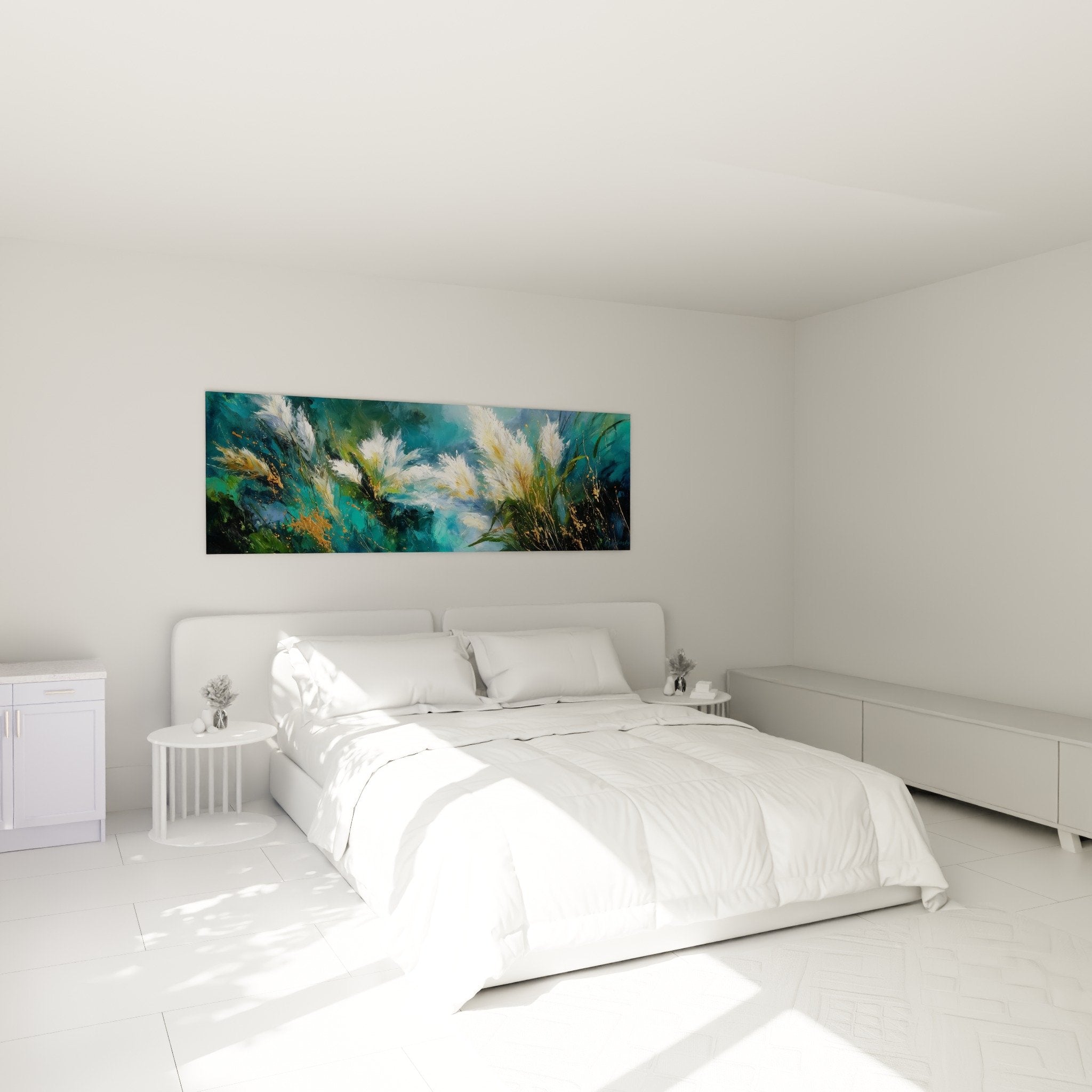 Tableau graminées blanches turquoise installé au-dessus lit chambre moderne ambiance zen et naturelle