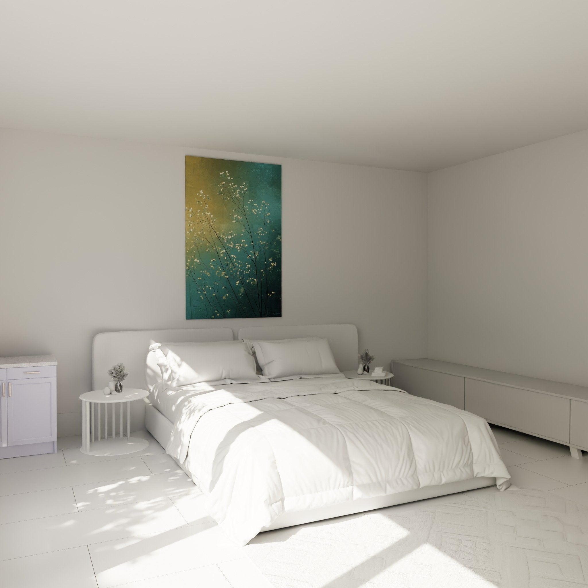 Grass wall art bedroom decoration mural white turquoise flowers herbs zen ambiance