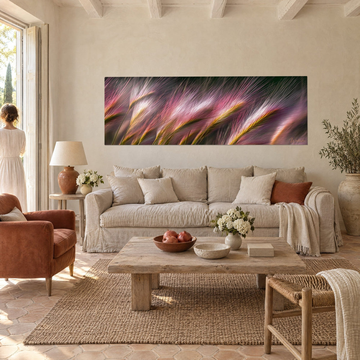 Wall art of swaying grass ears with fuchsia and pearly white awns, deep green background, above a sofa in a bright living room
