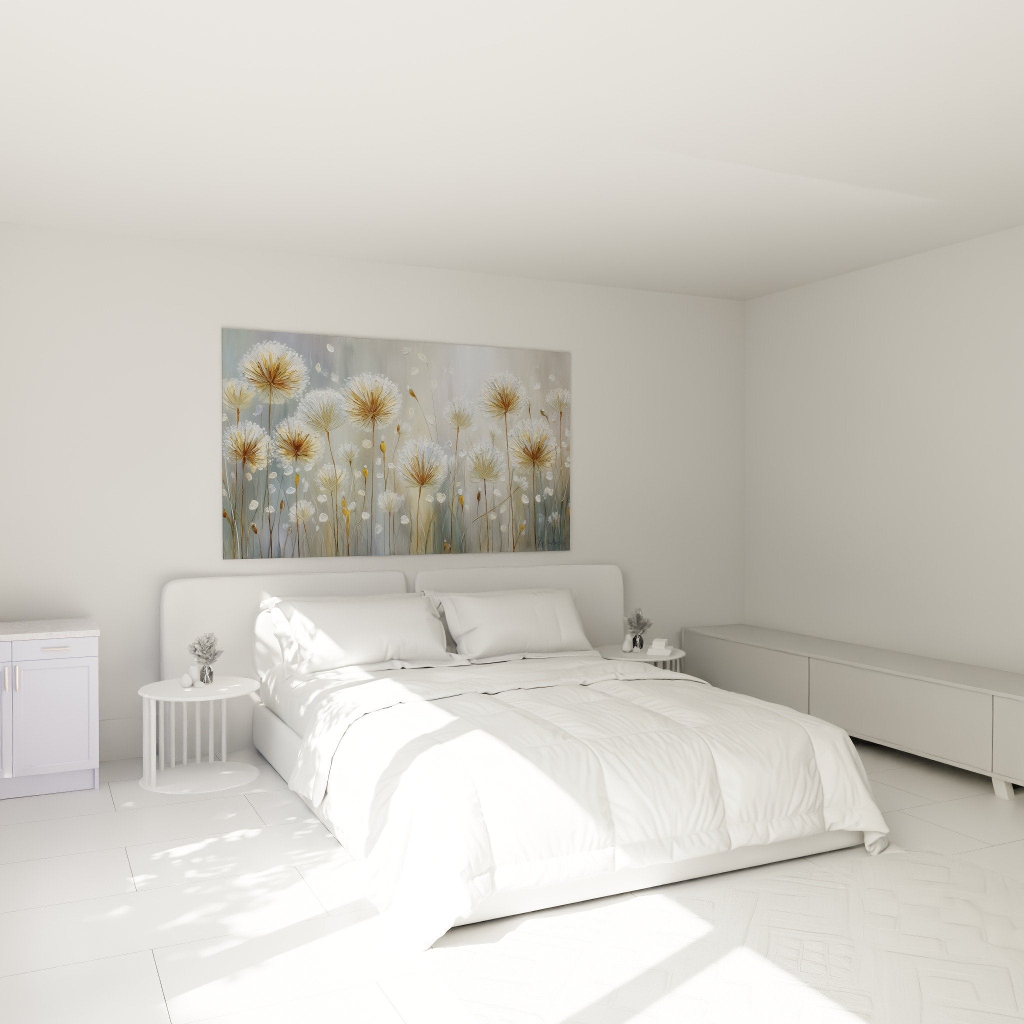 Golden grasses wall art in modern bedroom with natural wood furniture and serene ambiance
