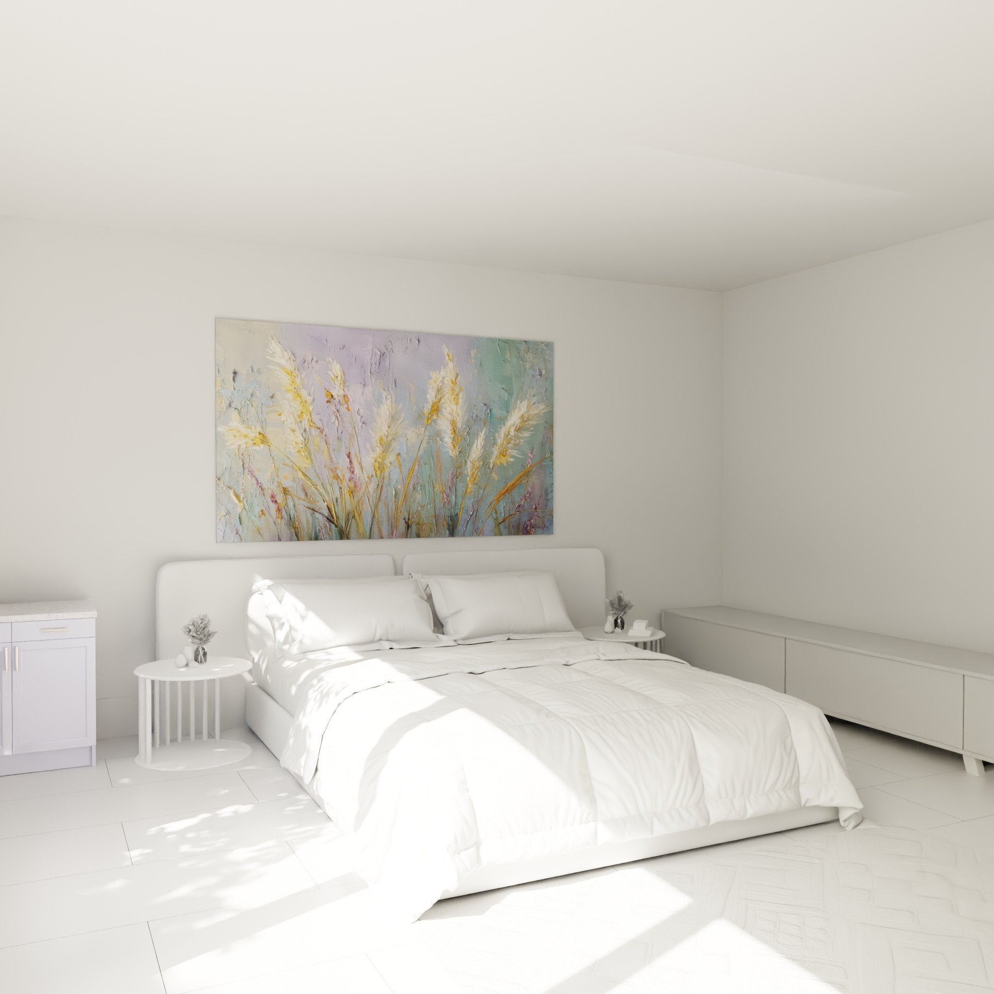 Golden grasses wall art decorating bedroom with soothing ambiance soft pastel natural colors