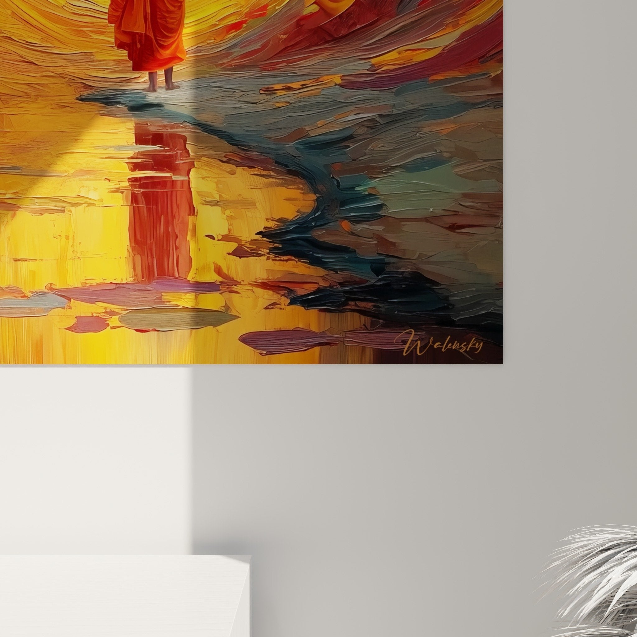 Vue ensemble tableau graminées tunnel spirituel salon moderne murs blancs éclairage chaleureux déco zen