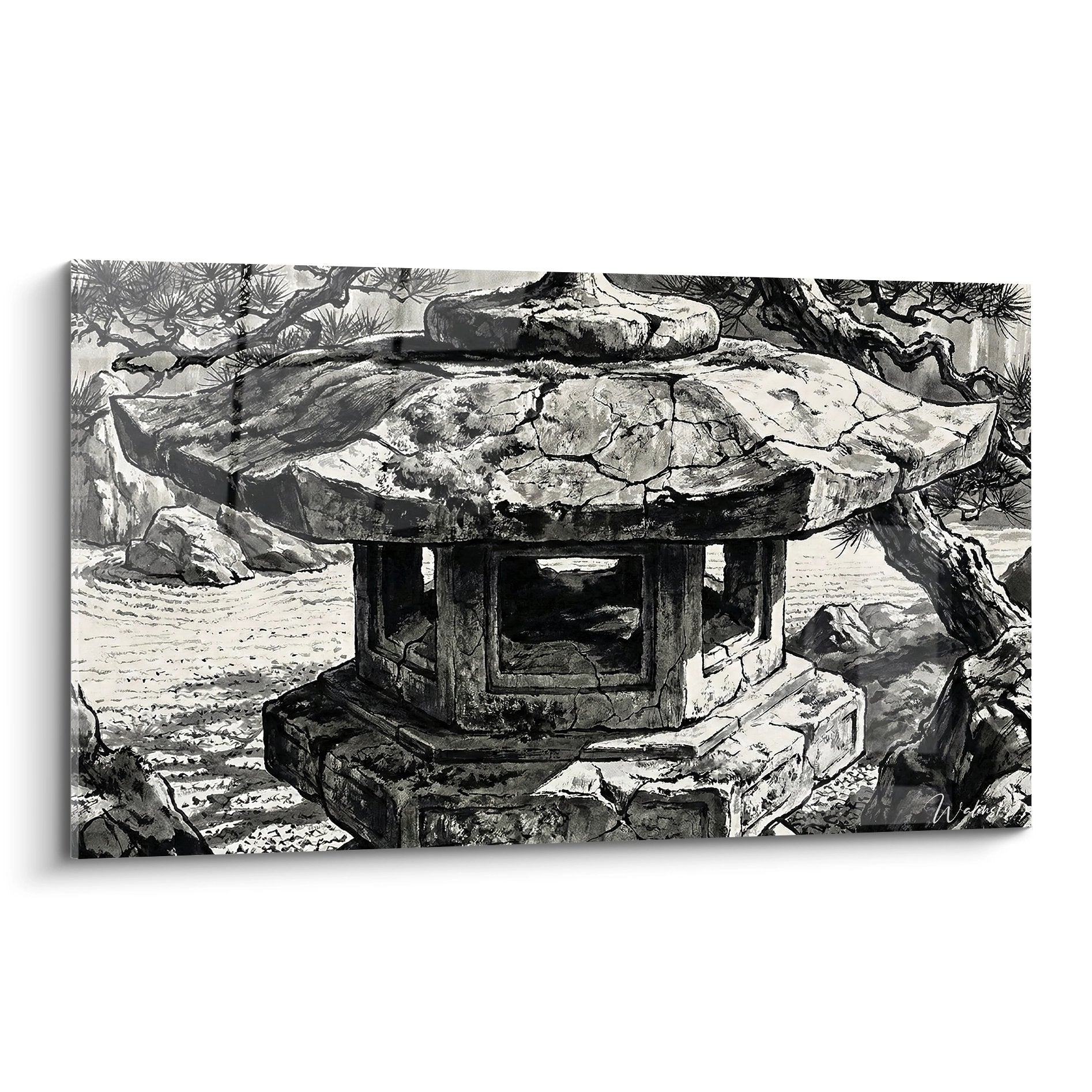 Gravure noir et blanc lanterne pierre traditionnelle temple bouddhiste pins centenaires rochers