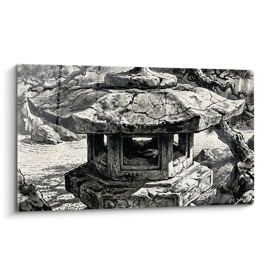 Zwart-wit stenen lantaarn schilderij - Zen Serenity - Boeddhistische tempel editie