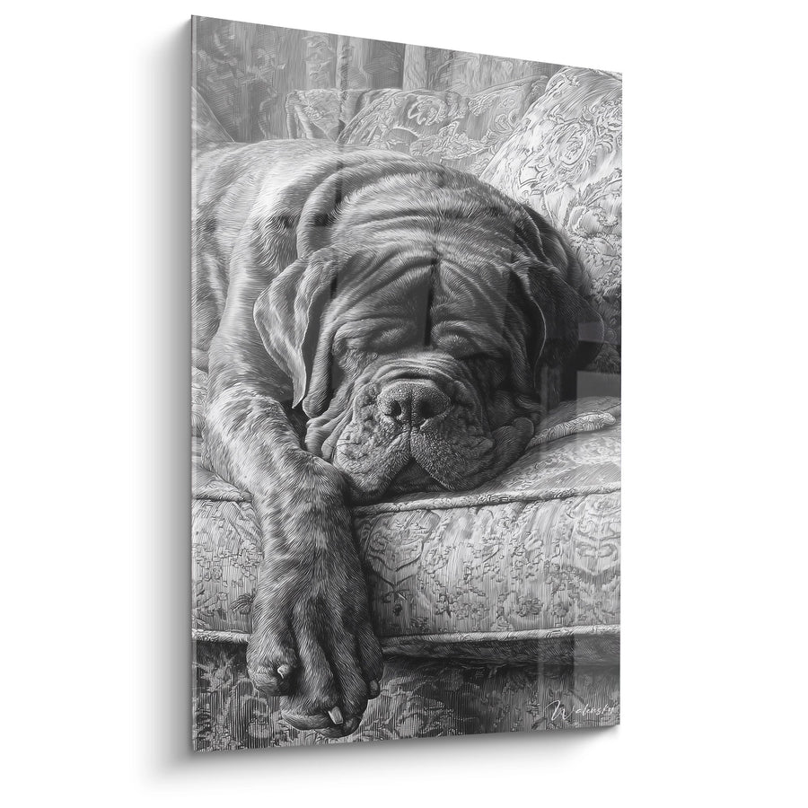 Tableau Mastiff Endormi sur Canapé Fleuri en Noir et Blanc - Repos Paisible - Edition Mastiff Anglais