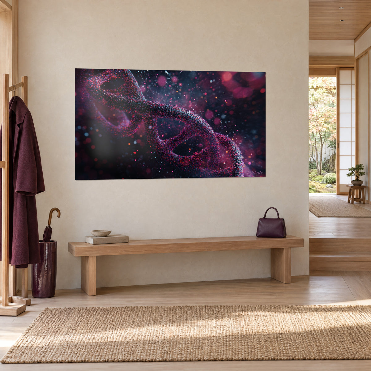 Tableau spirale génétique scintillante, rubans pourpres et anthracite piqués de lumières orangées, vue de trois-quarts au mur