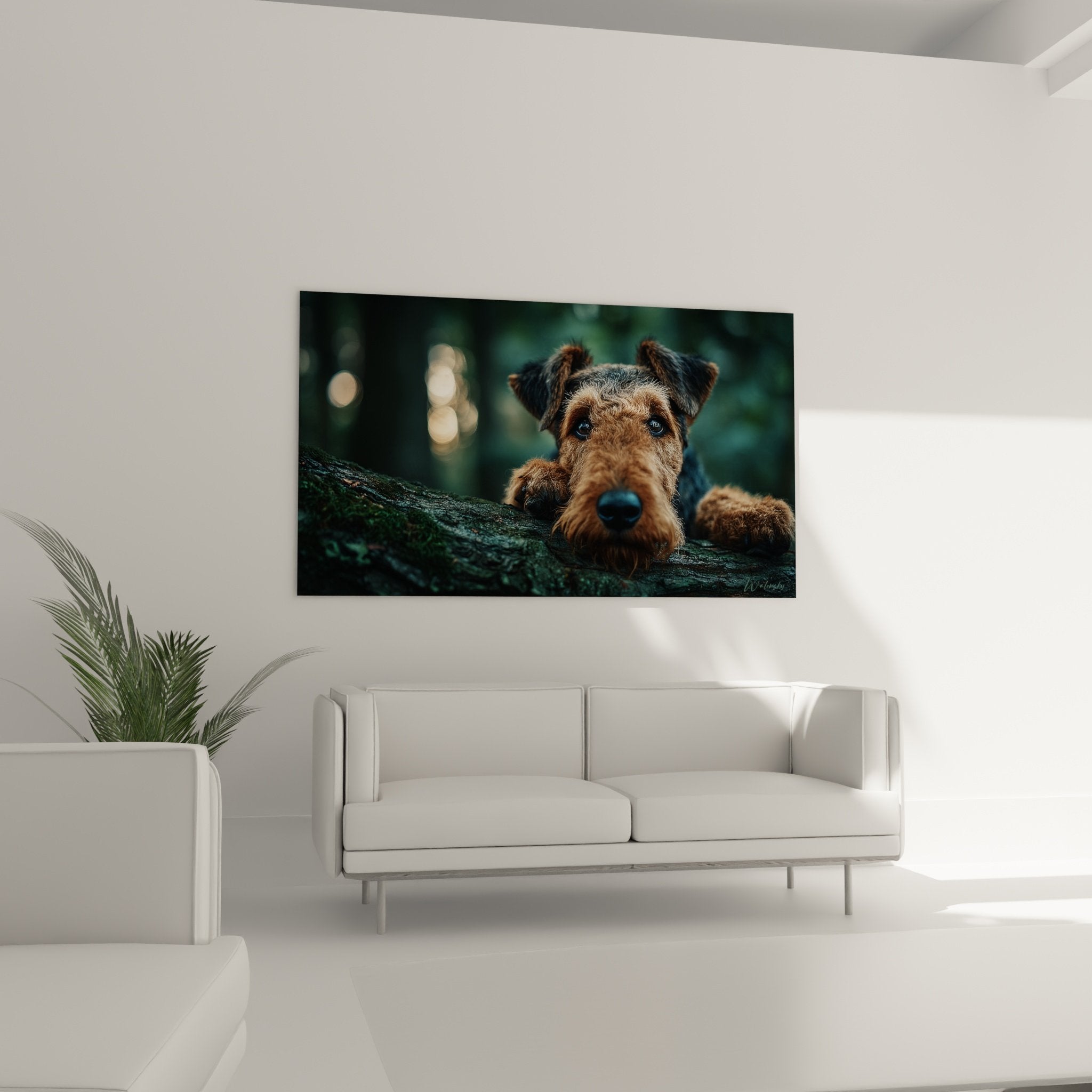 Close-up portrait Airedale Terrier expressive gaze dark eyes tan coat detailed texture realistic canine art