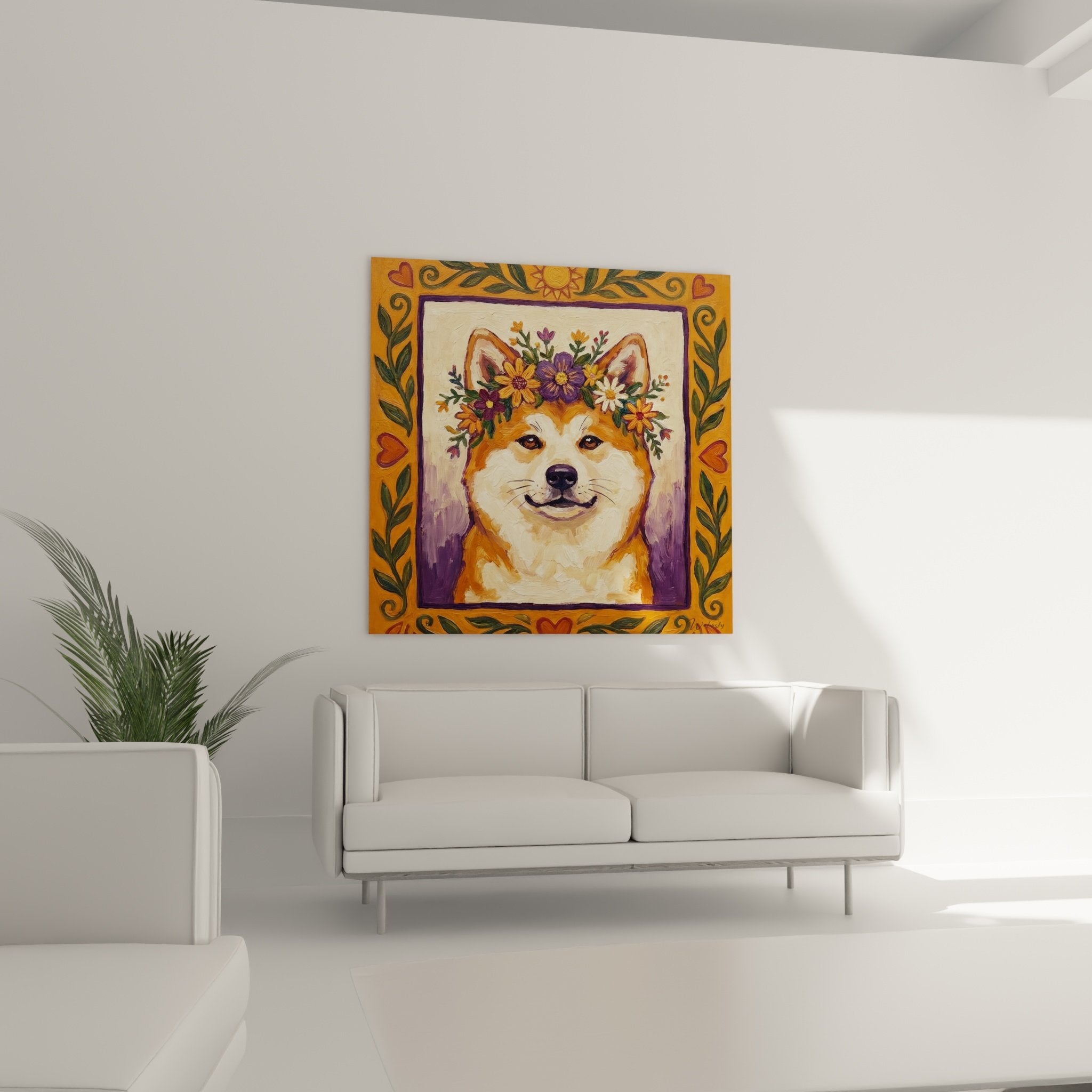 Gros plan portrait Akita Inu souriant couronne marguerites blanches fleurs violettes pelage roux expression sereine
