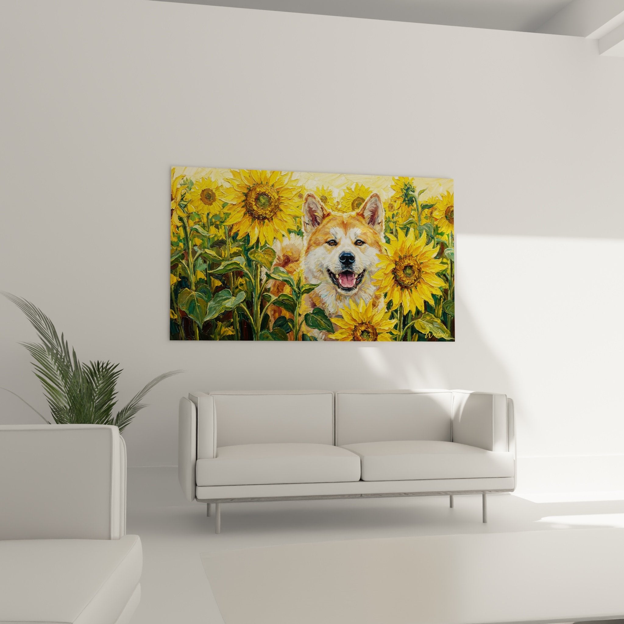 Gros plan sur l'expression souriante de l'Akita Inu entouré de tournesols jaunes aux détails picturaux