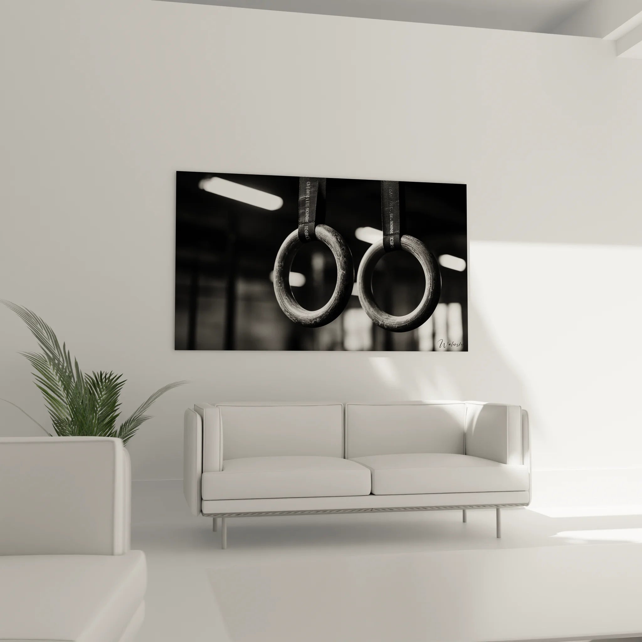 Gros plan sur tableau anneaux de gymnastique, détails artistiques en noir et blanc, art sportif