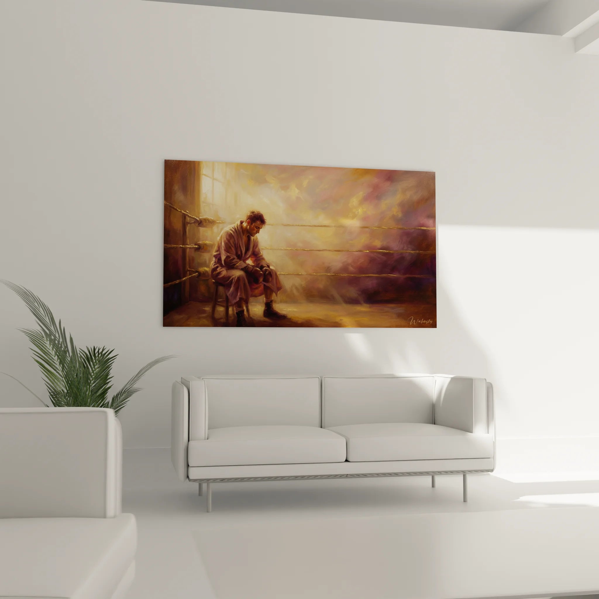 Gros plan tableau art martial boxeur en robe beige méditant dans ring avec éclairage dramatique