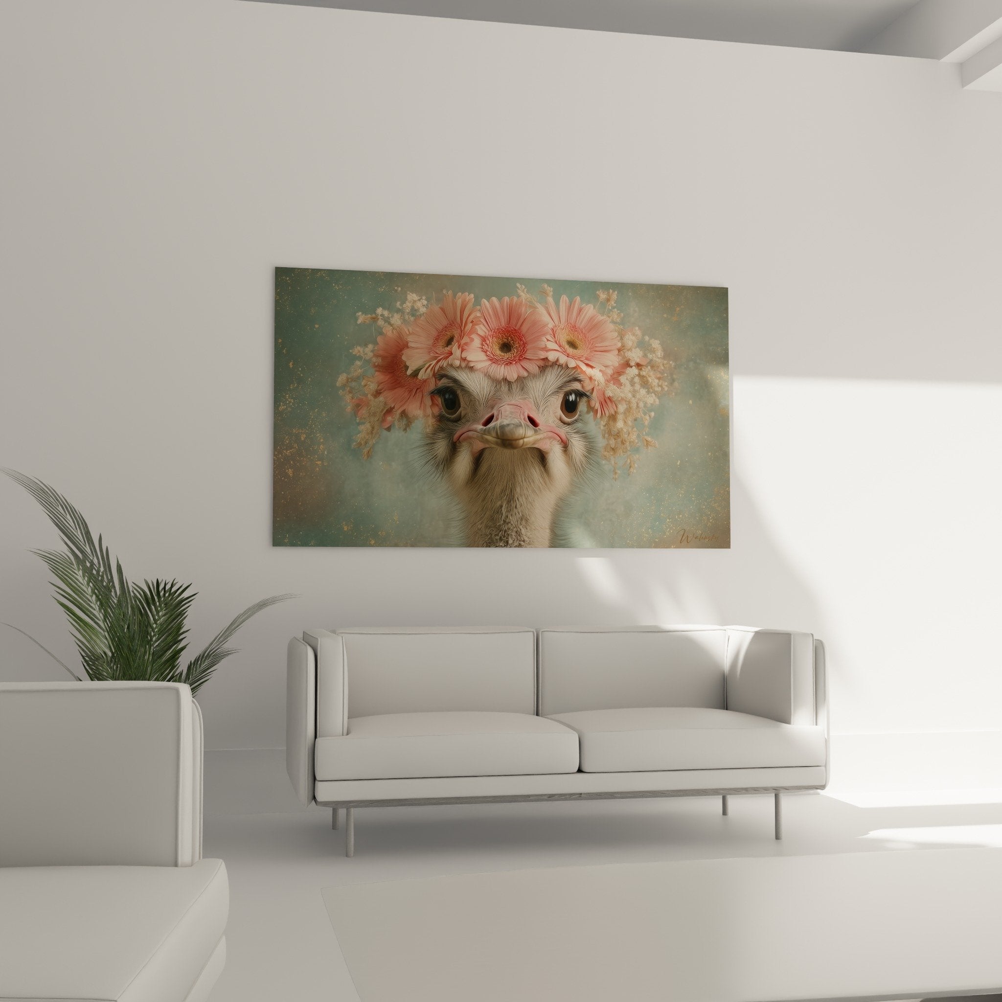 Nahaufnahme eines mit rosa Gerberas geschmückten Straußes mit ausdrucksvollem Blick und fein detailliertem beige-goldenem Gefieder
