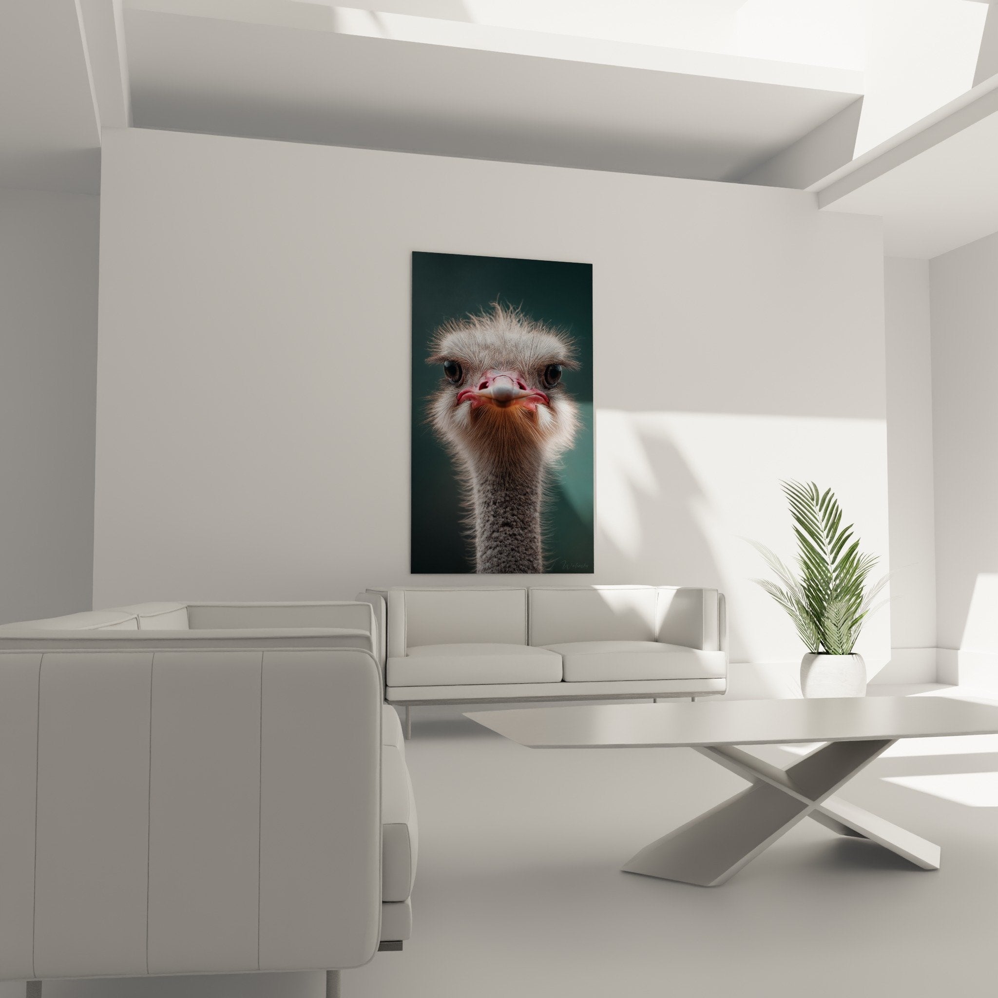 Gros plan tête autruche plumes hérissées beiges brun doré bec rose yeux expressifs art mural nature