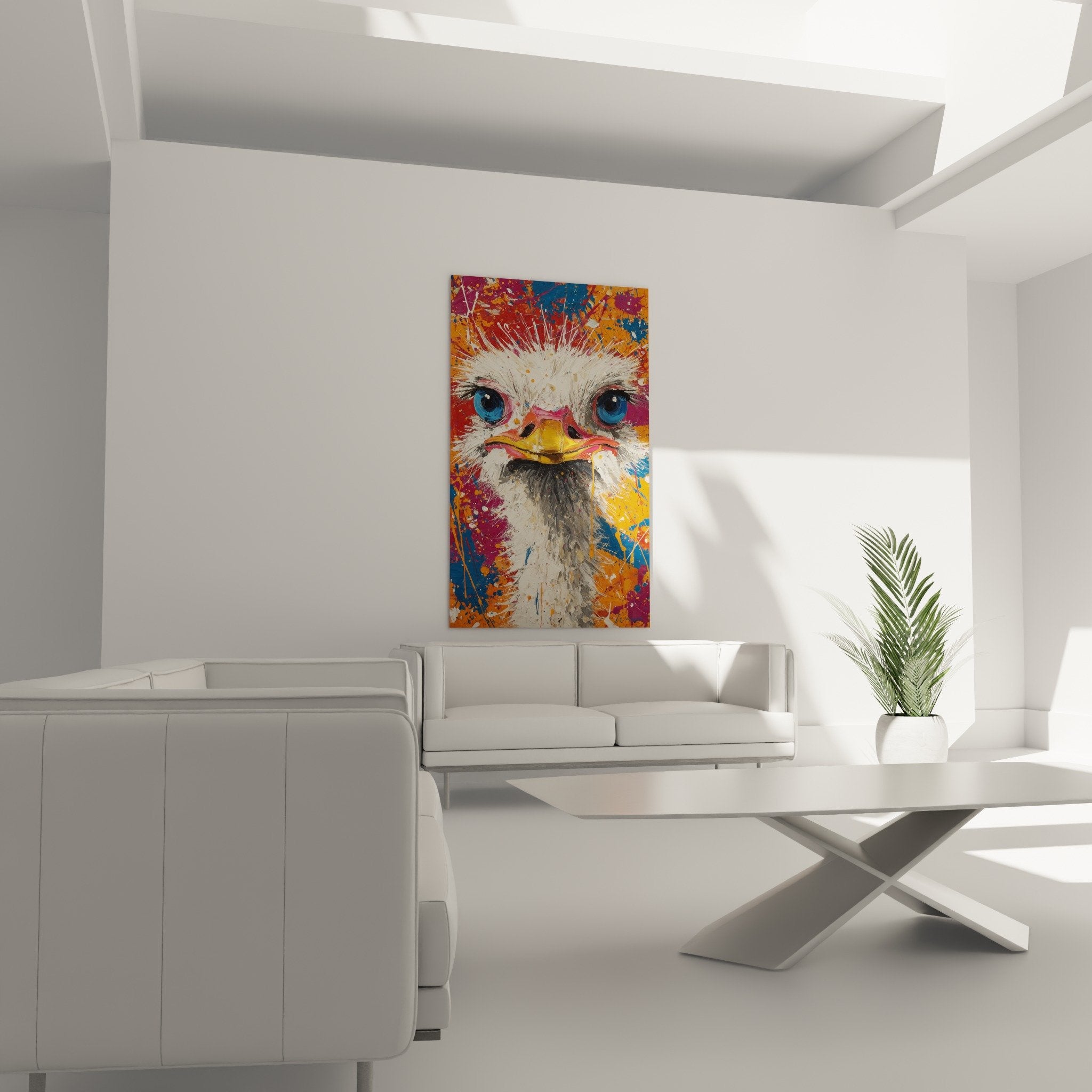 Close-up ostrich portrait intense blue eyes orange beak fluffy white plumage artistic details painting