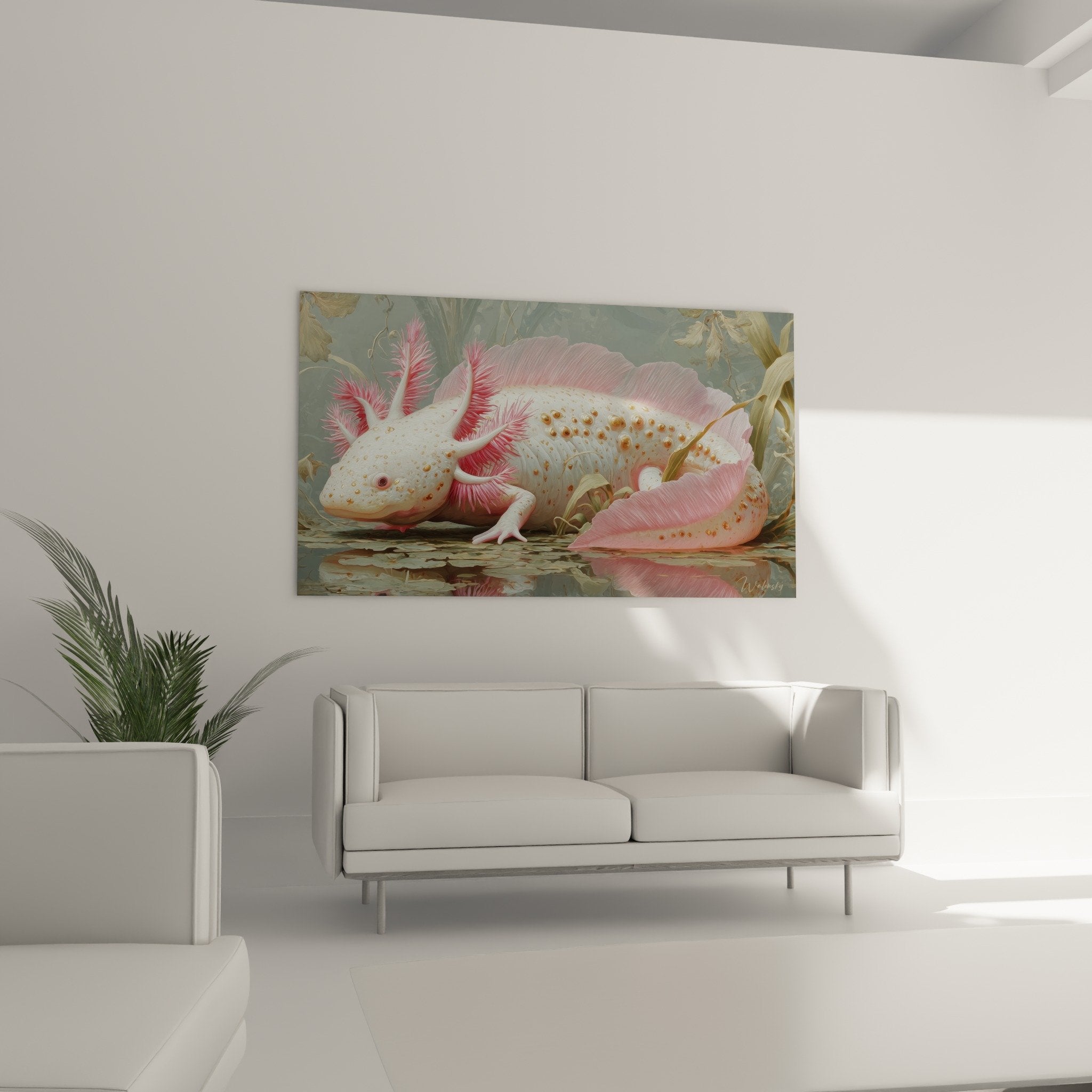 Gros plan tableau axolotl leucistique blanc branchies roses details artistiques aquatique