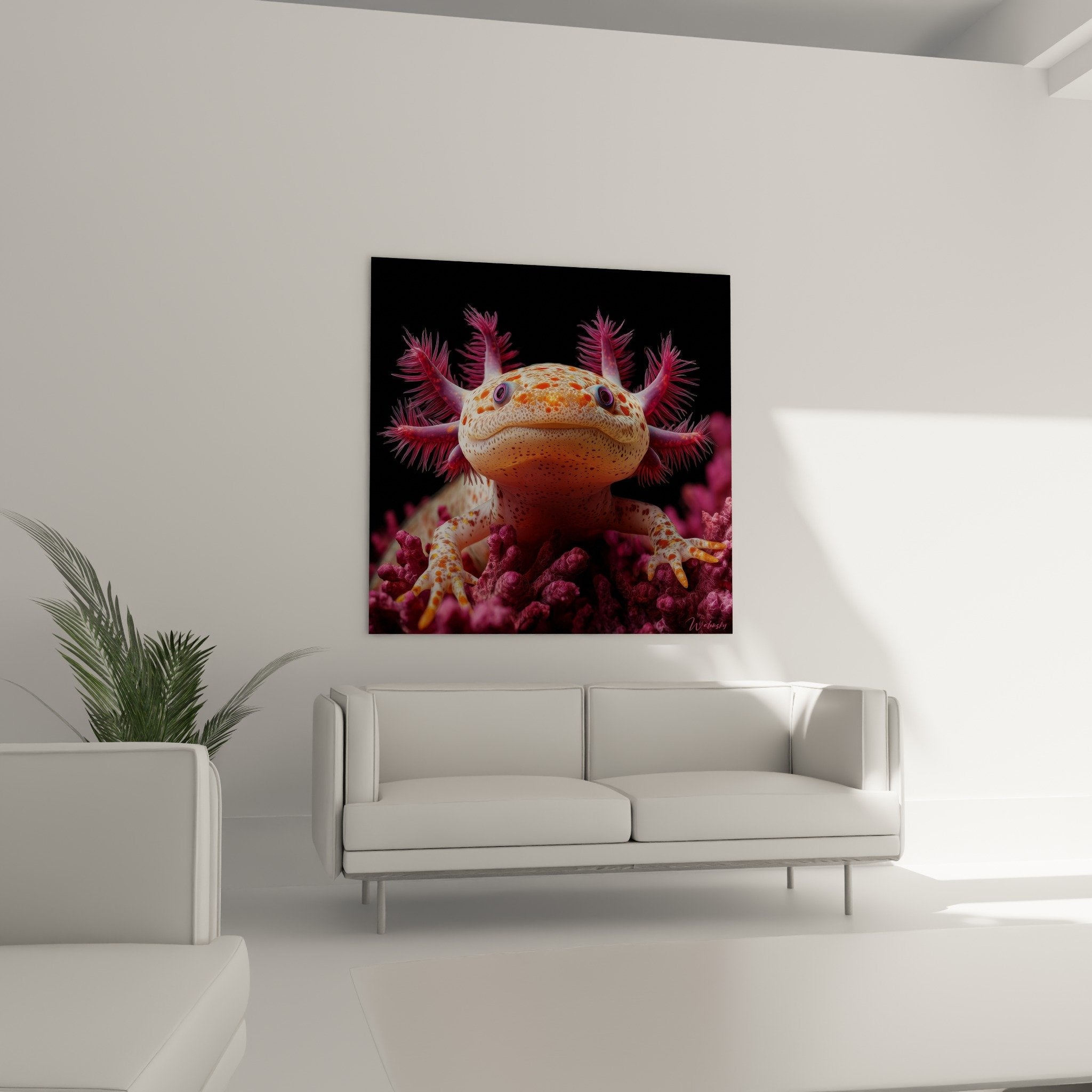Close-up axolotl with orange and pink patterns, colorful gill details, pearlescent skin texture