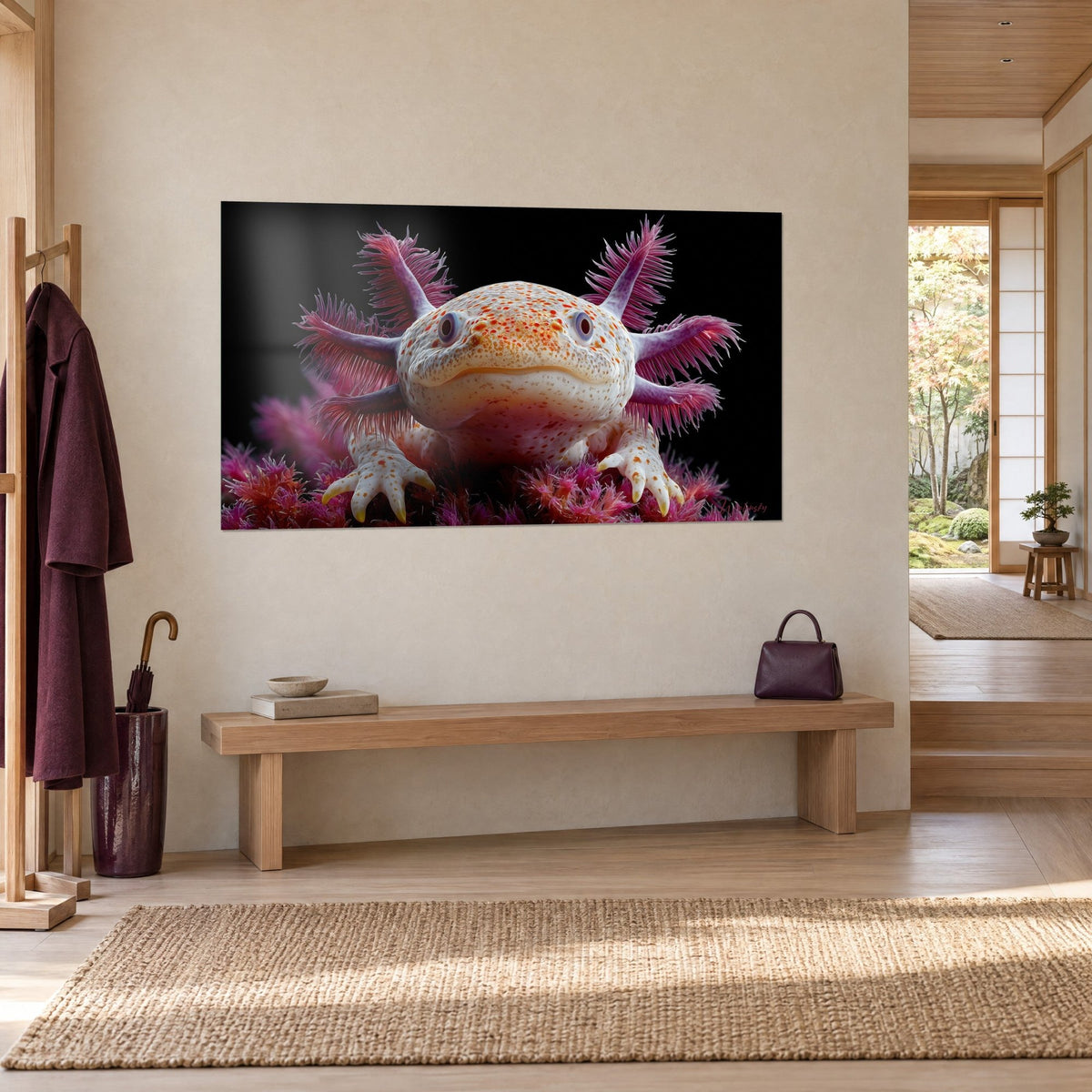 Wall art aquatic salamander with violet feathery gills, deep black background, three-quarter view on a cream wall beside a wooden bench