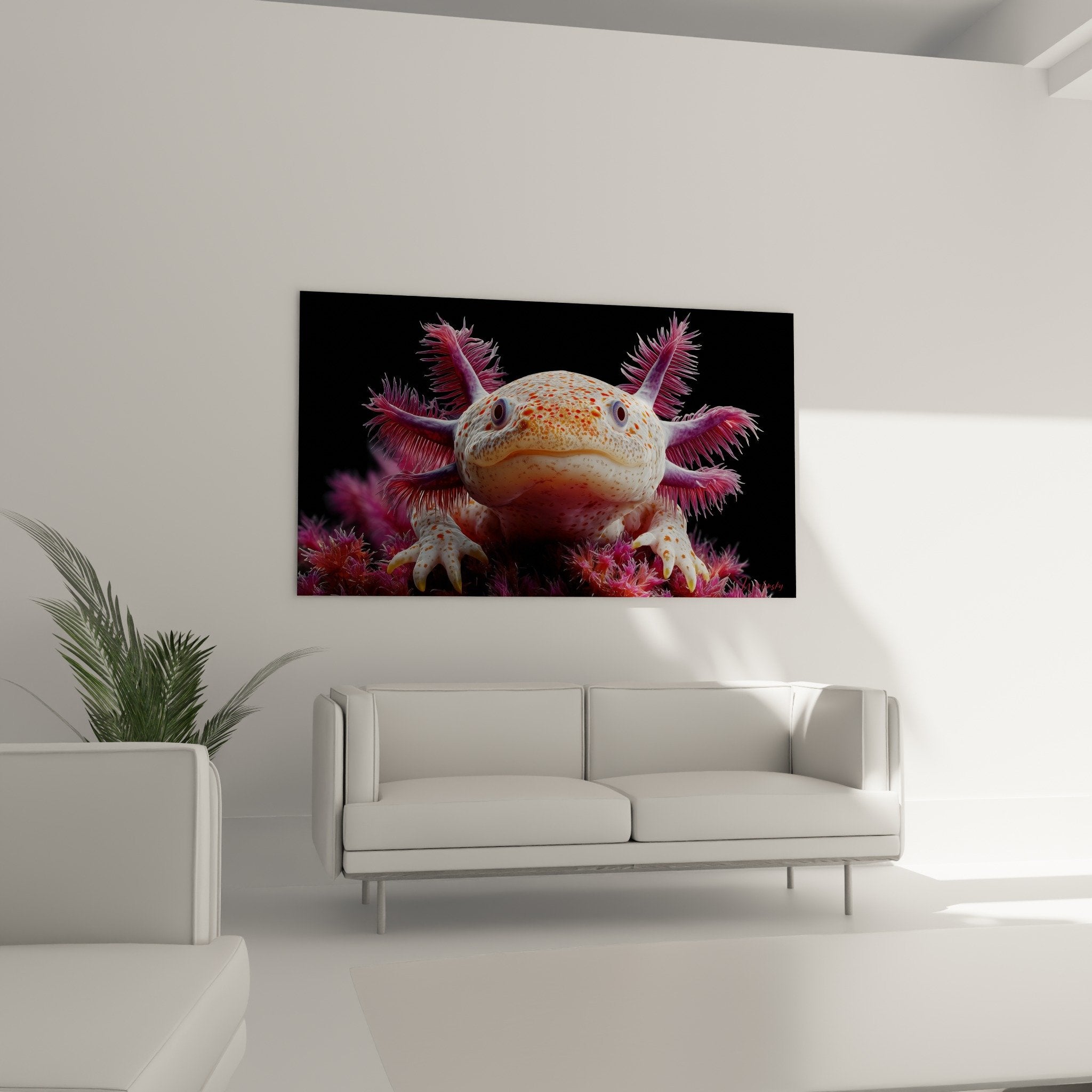 Gros plan axolotl expression souriante branchies roses détaillées - art animalier haute définition