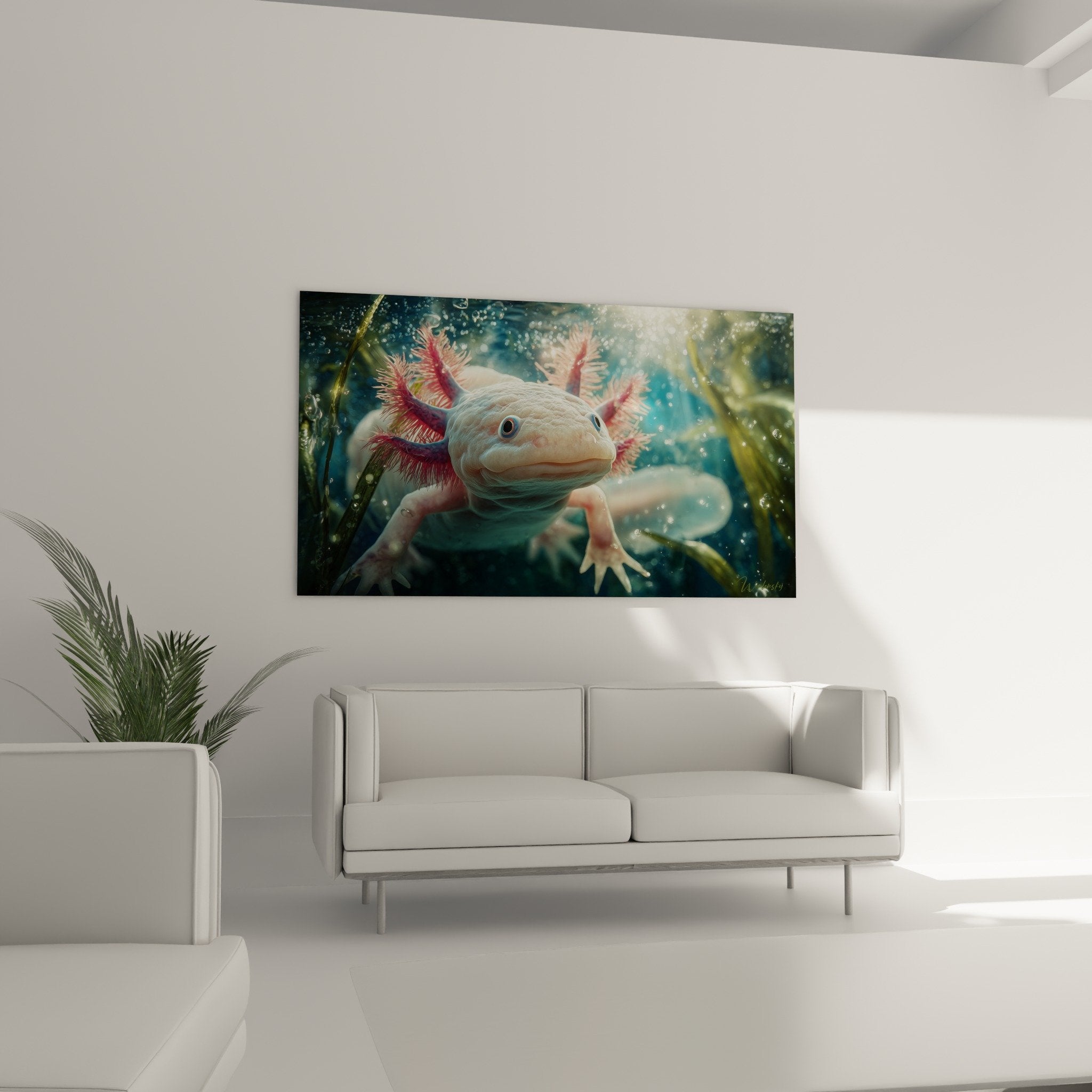 Gros plan axolotl rose branchies externes rouges details anatomiques texture peau nacree eau cristalline